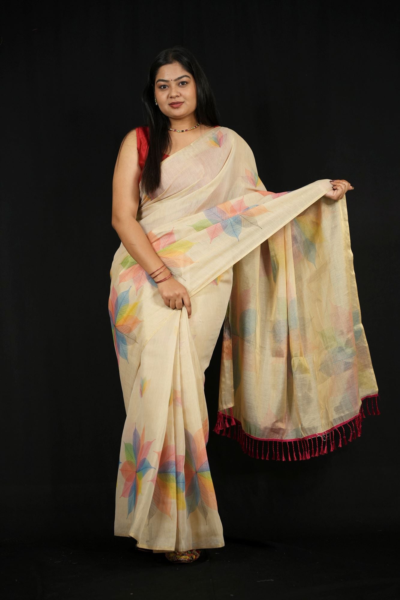 Silk with Multicolored Leaf Print Ready To Wear Saree