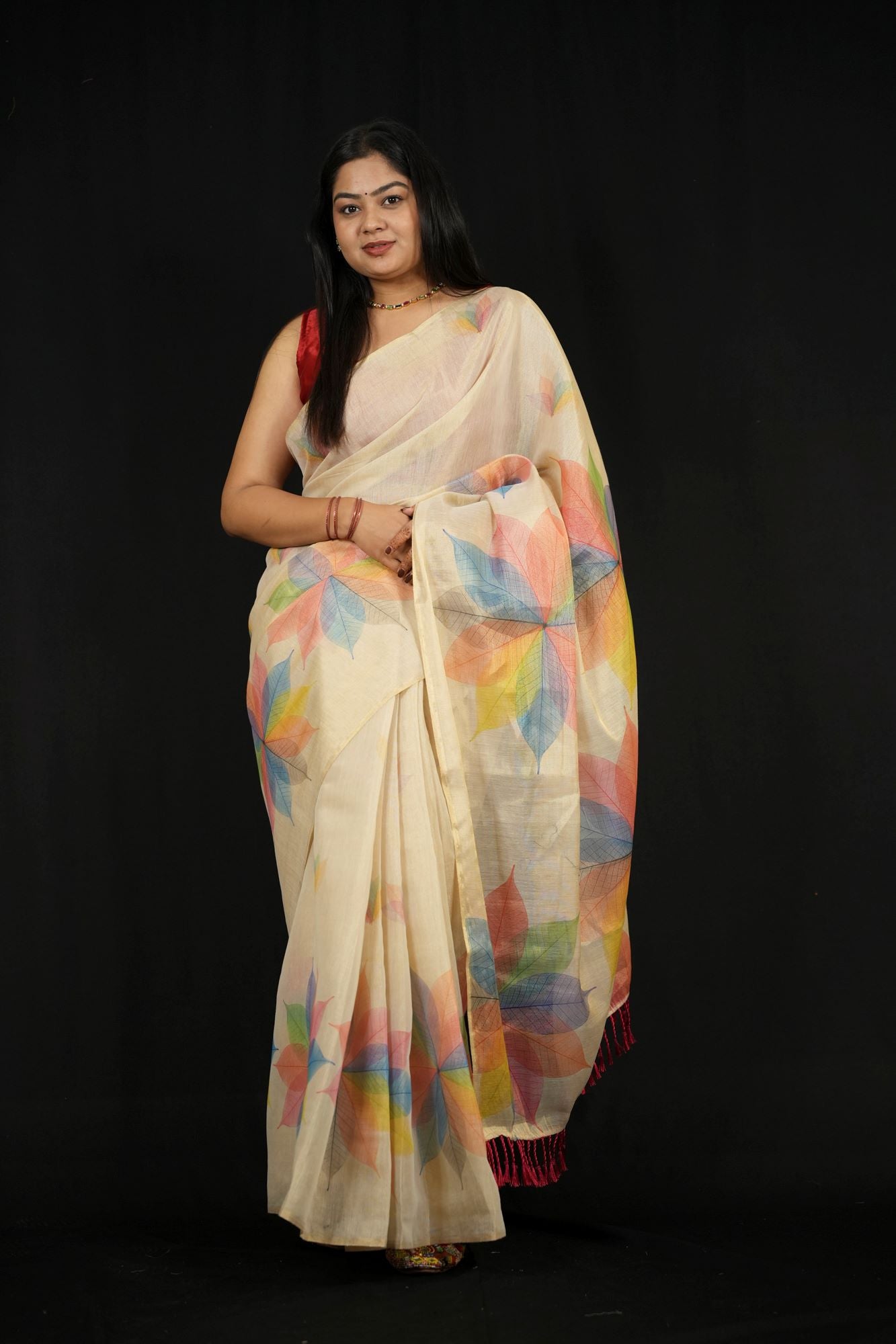 Silk with Multicolored Leaf Print Ready To Wear Saree