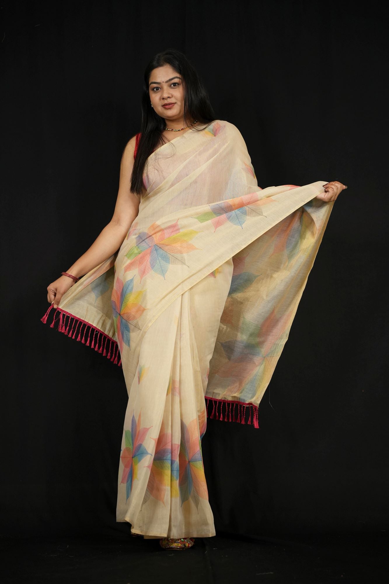 Silk with Multicolored Leaf Print Ready To Wear Saree