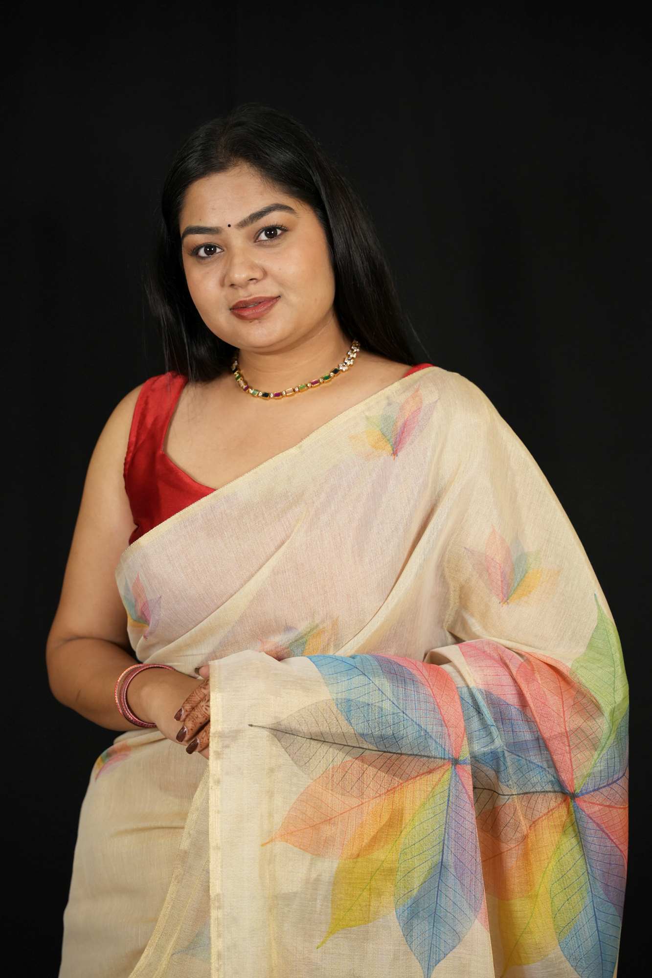 Silk with Multicolored Leaf Print Ready To Wear Saree