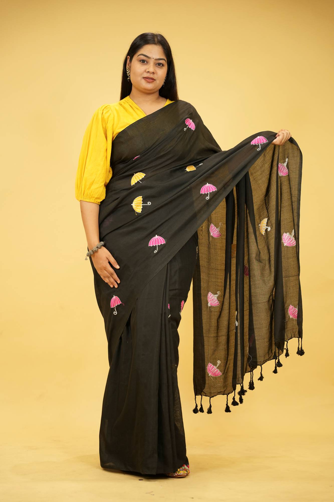 Black Cotton with Colorful Umbrella Embroidery and Tassel Ready To Wear Saree