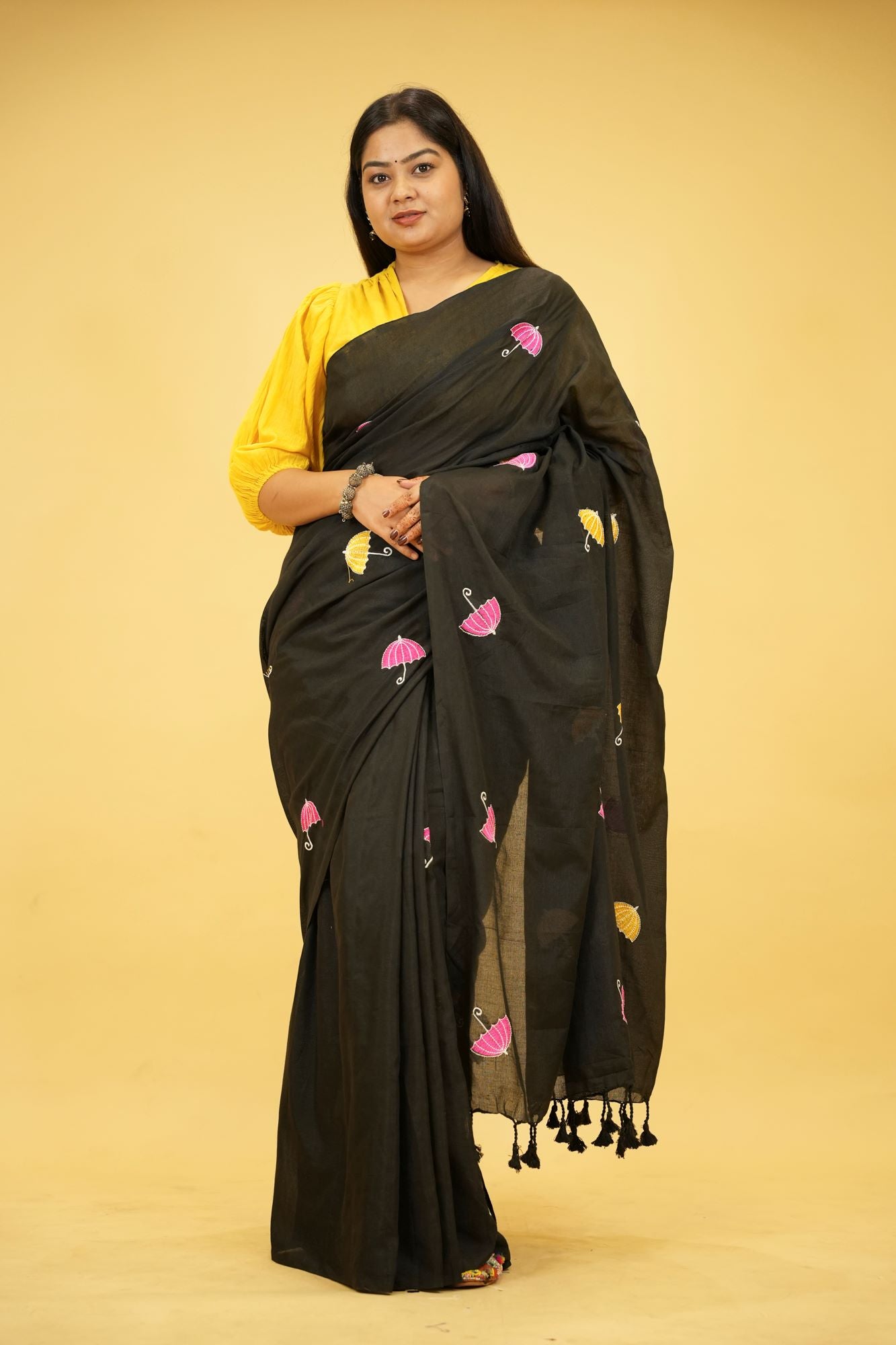 Black Cotton with Colorful Umbrella Embroidery and Tassel Ready To Wear Saree