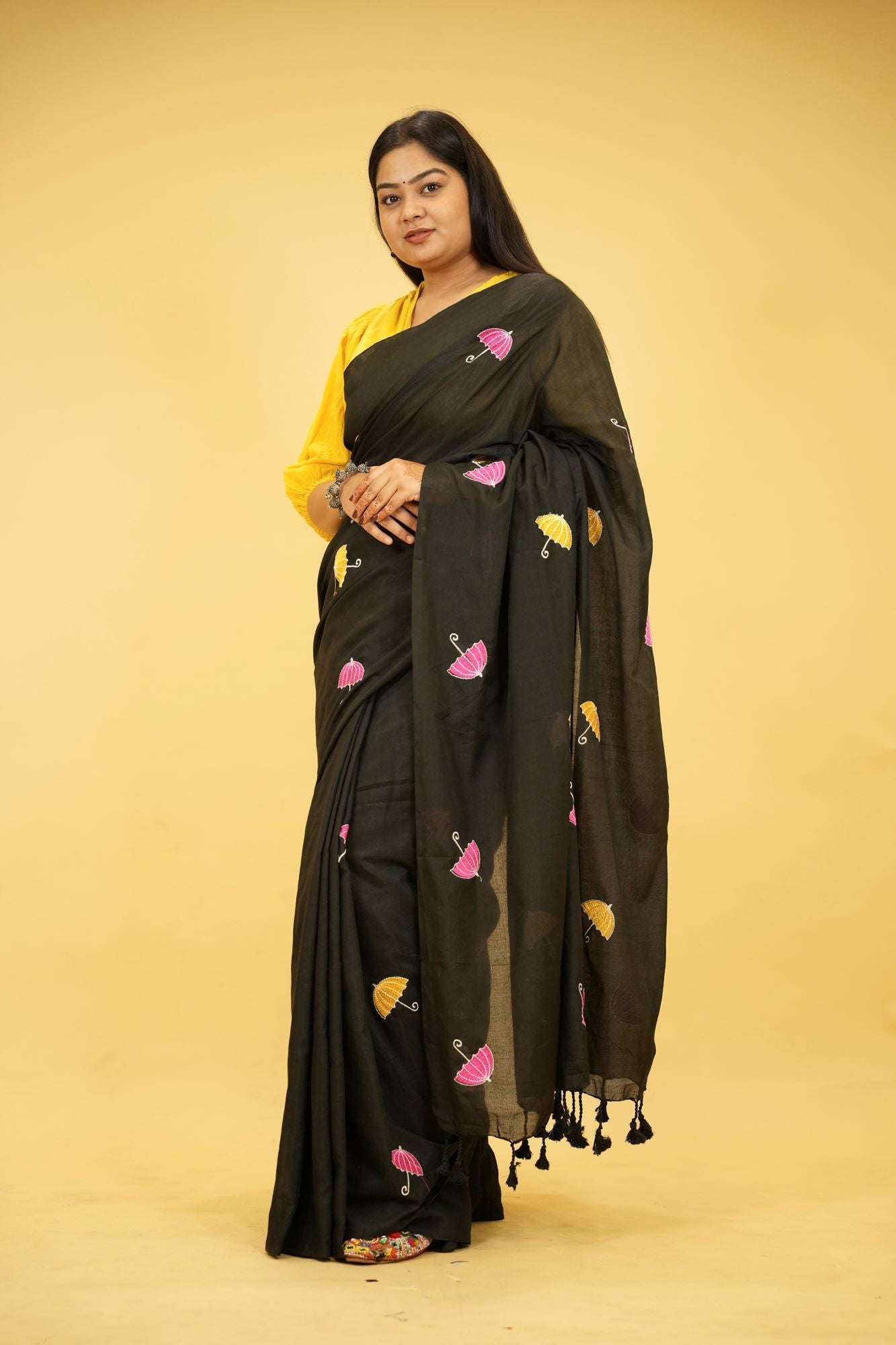 Black Cotton with Colorful Umbrella Embroidery and Tassel Ready To Wear Saree
