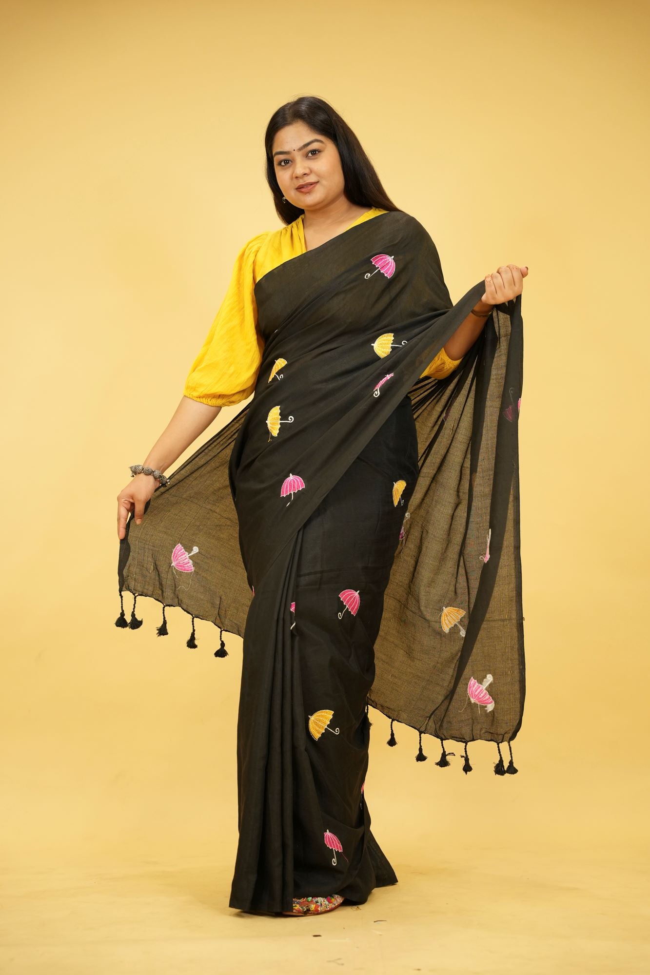 Black Cotton with Colorful Umbrella Embroidery and Tassel Ready To Wear Saree