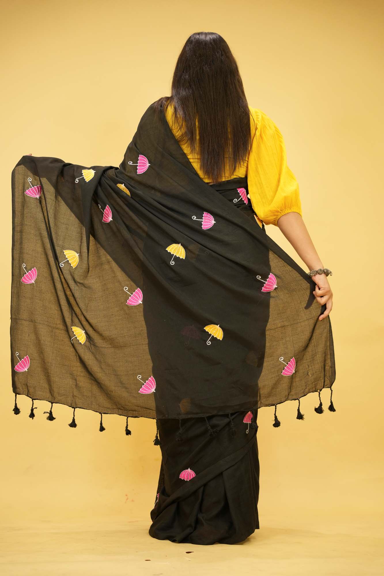 Black Cotton with Colorful Umbrella Embroidery and Tassel Ready To Wear Saree