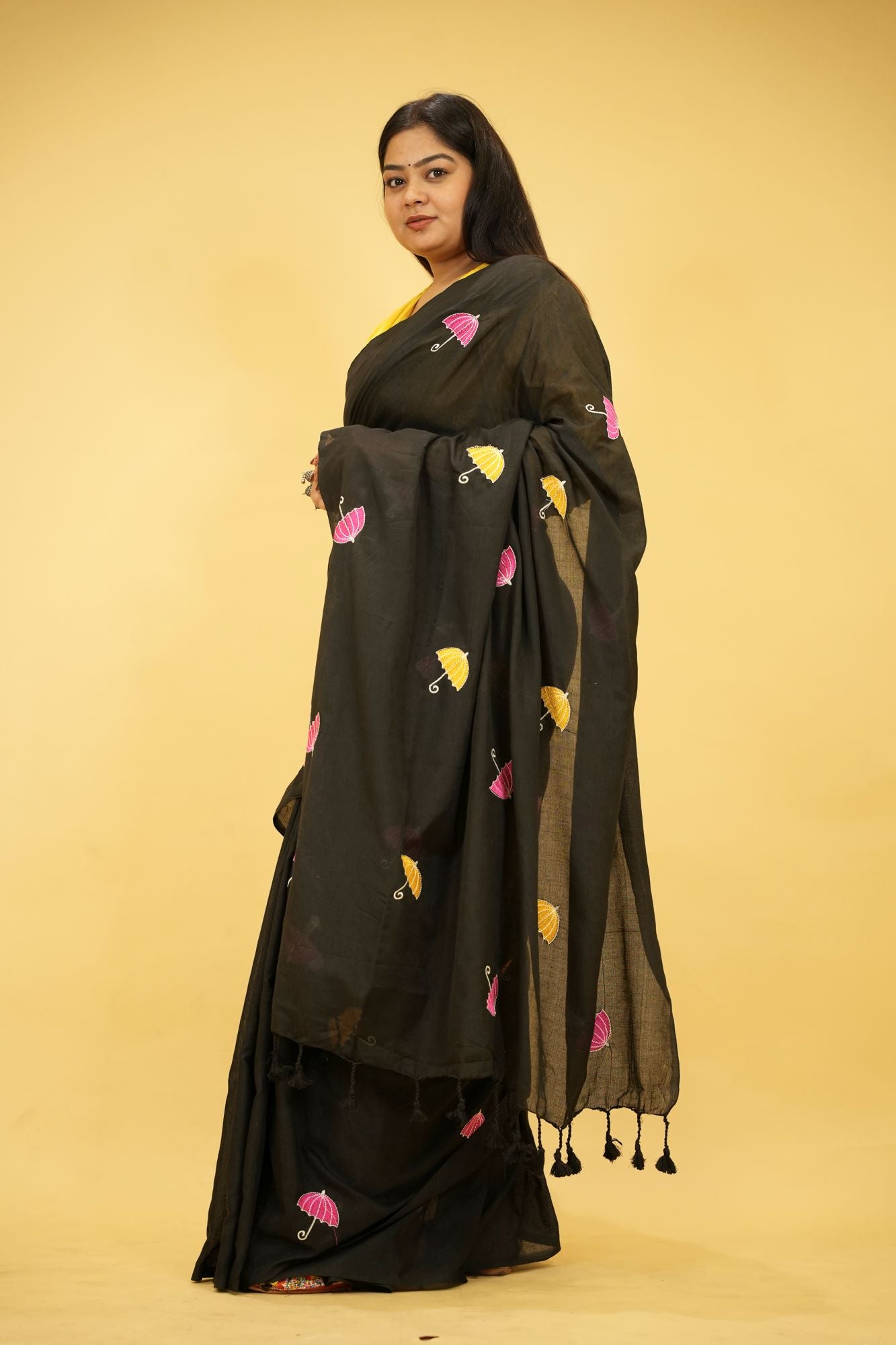 Black Cotton with Colorful Umbrella Embroidery and Tassel Ready To Wear Saree