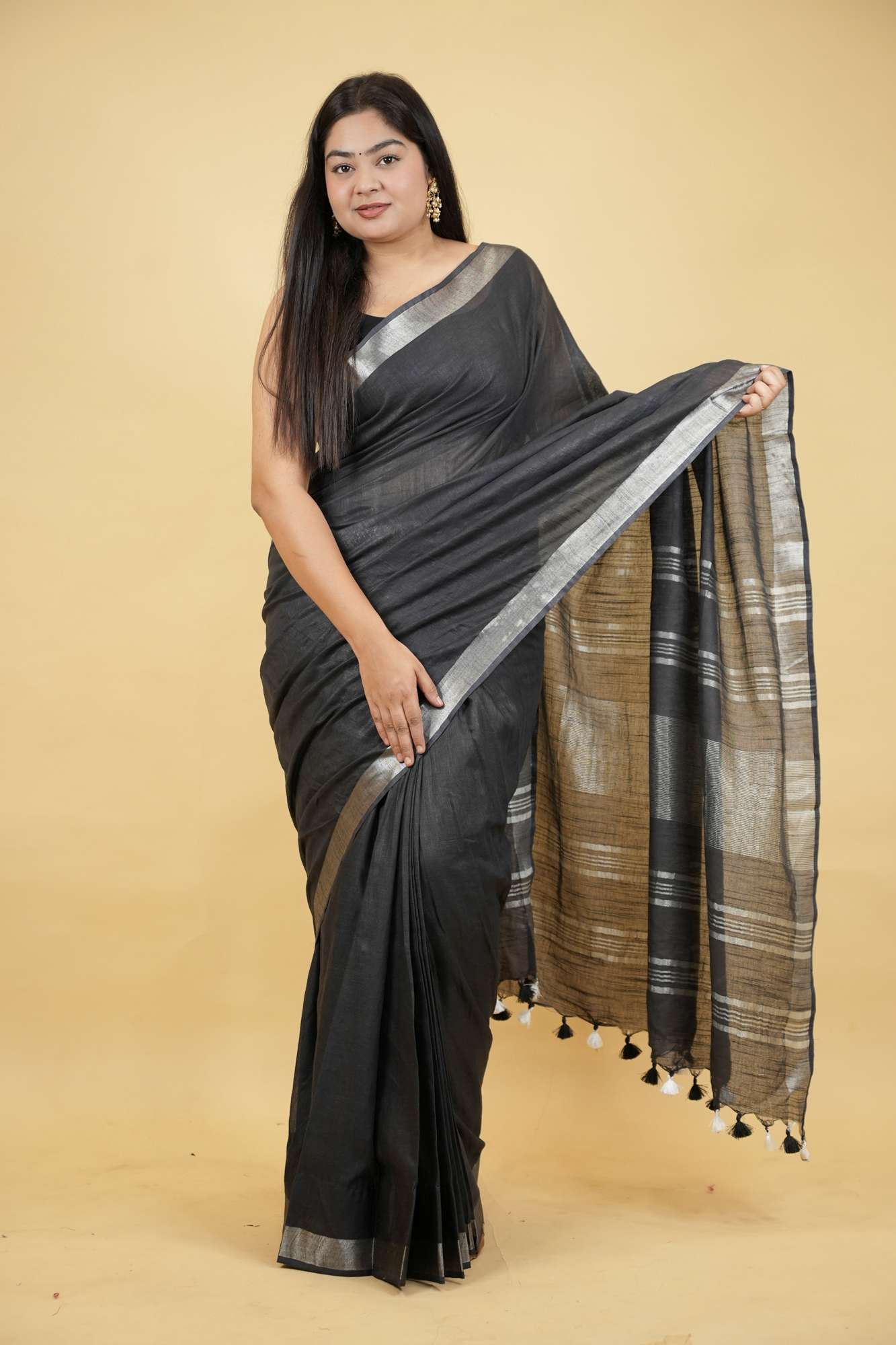 Gorgeous Black Linen Cotton Ready To Wear Saree