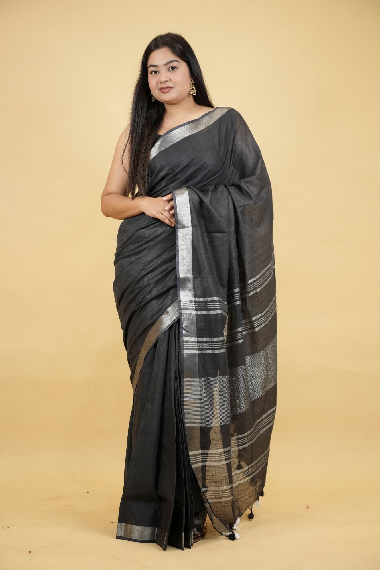 Gorgeous Black Linen Cotton Ready To Wear Saree