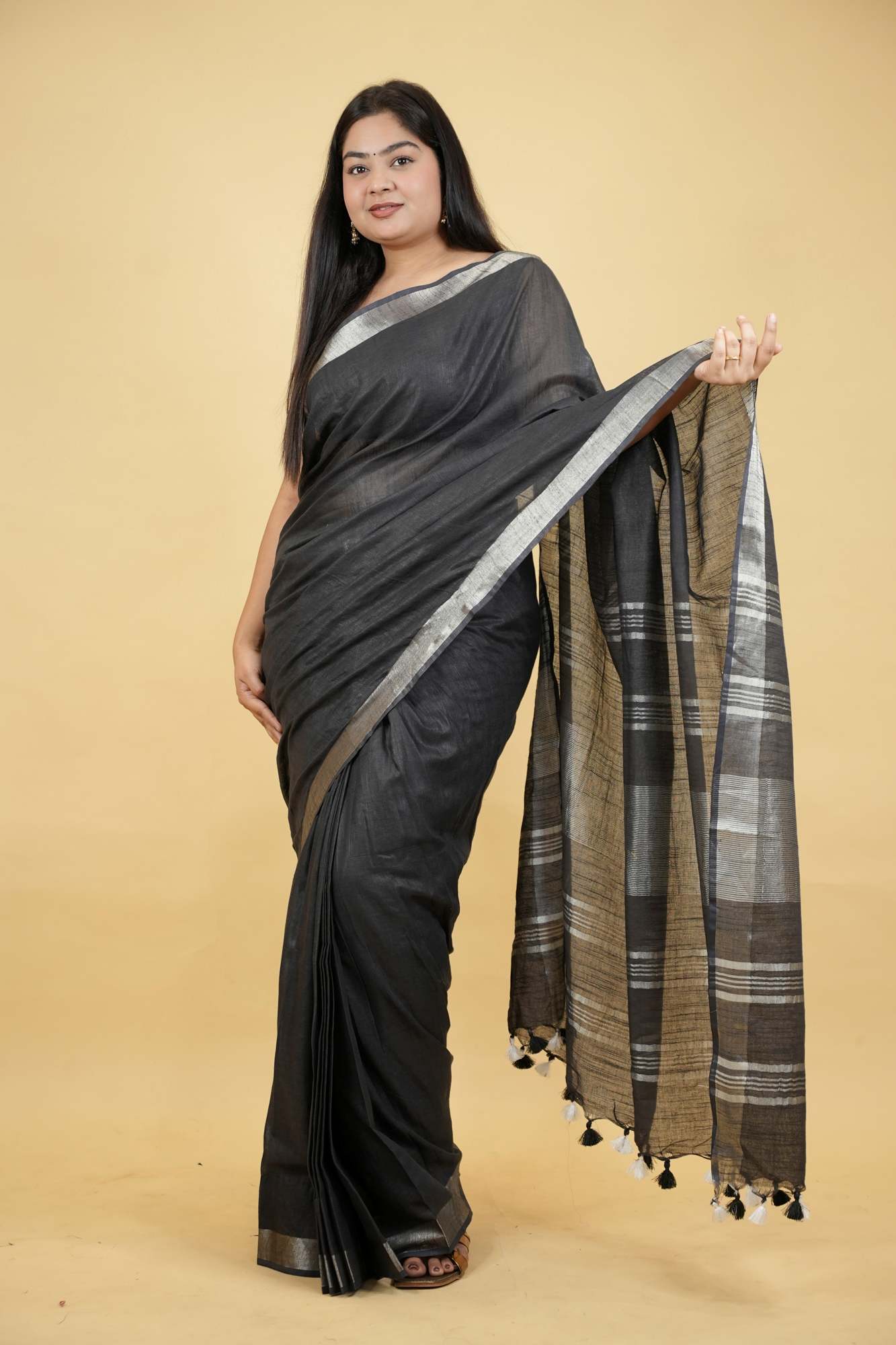 Gorgeous Black Linen Cotton Ready To Wear Saree