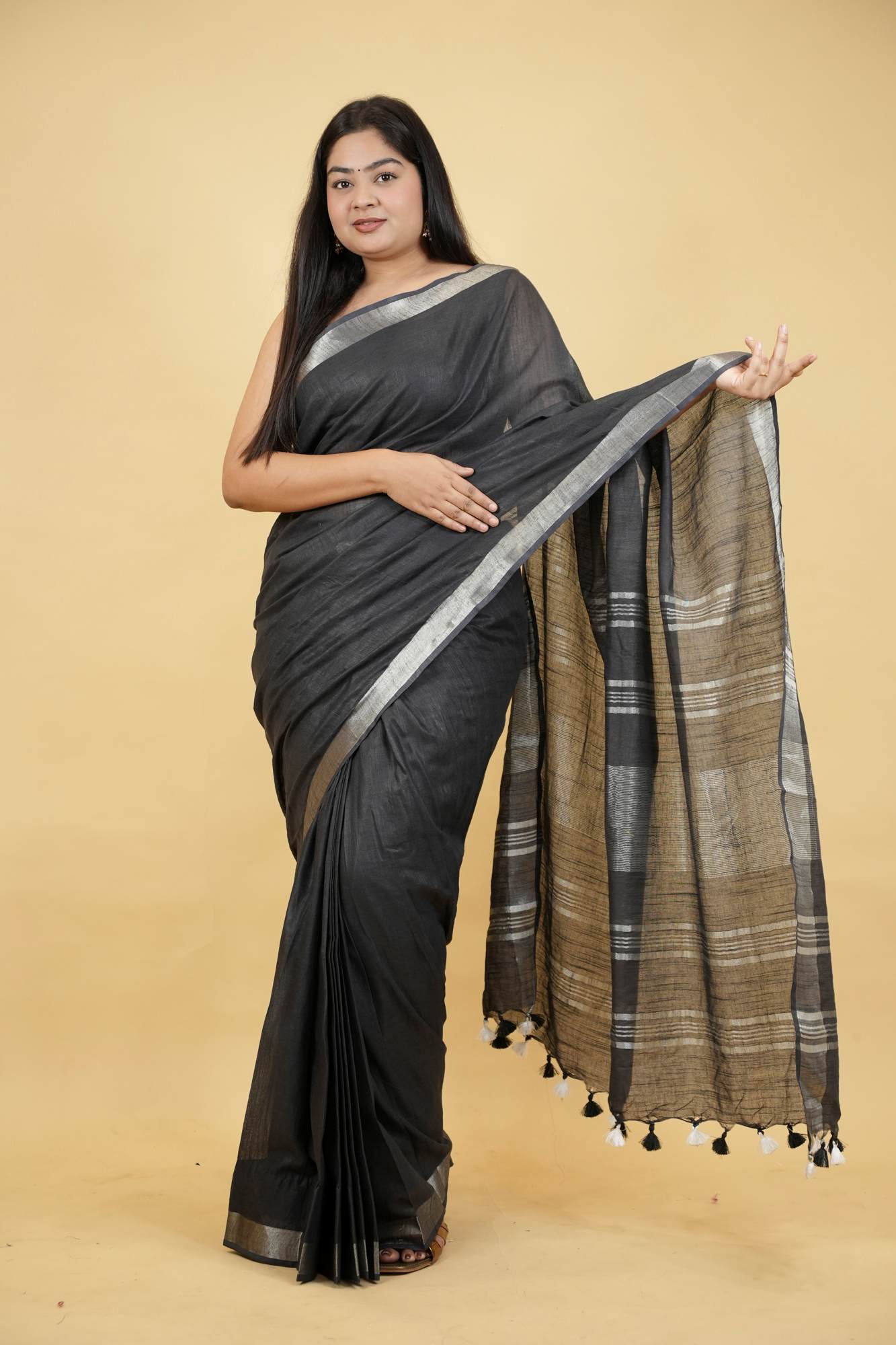 Gorgeous Black Linen Cotton Ready To Wear Saree