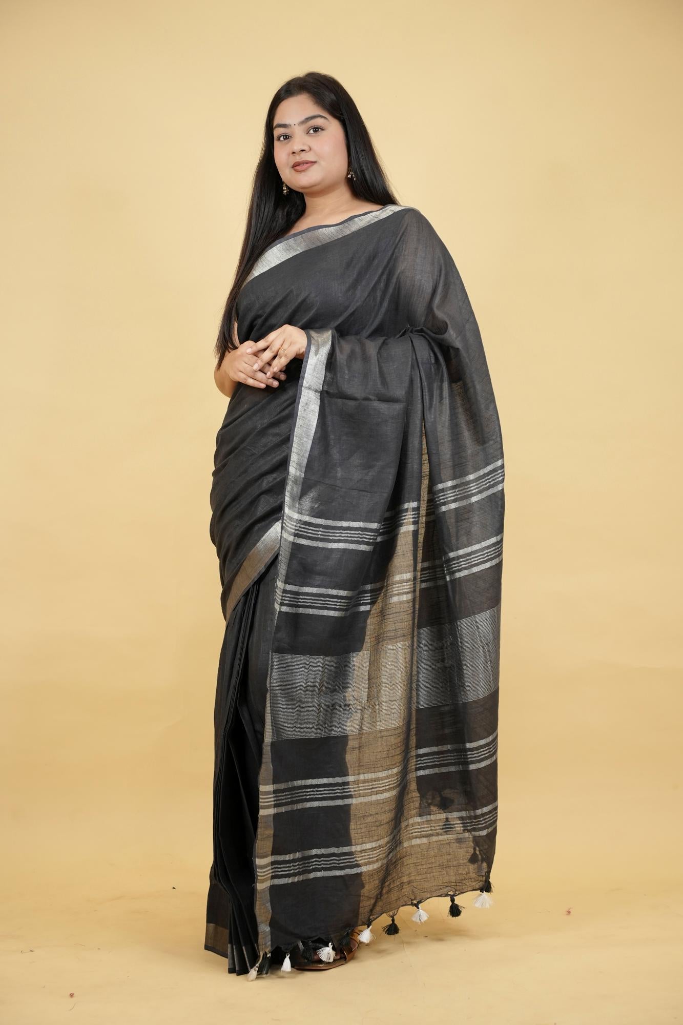 Gorgeous Black Linen Cotton Ready To Wear Saree
