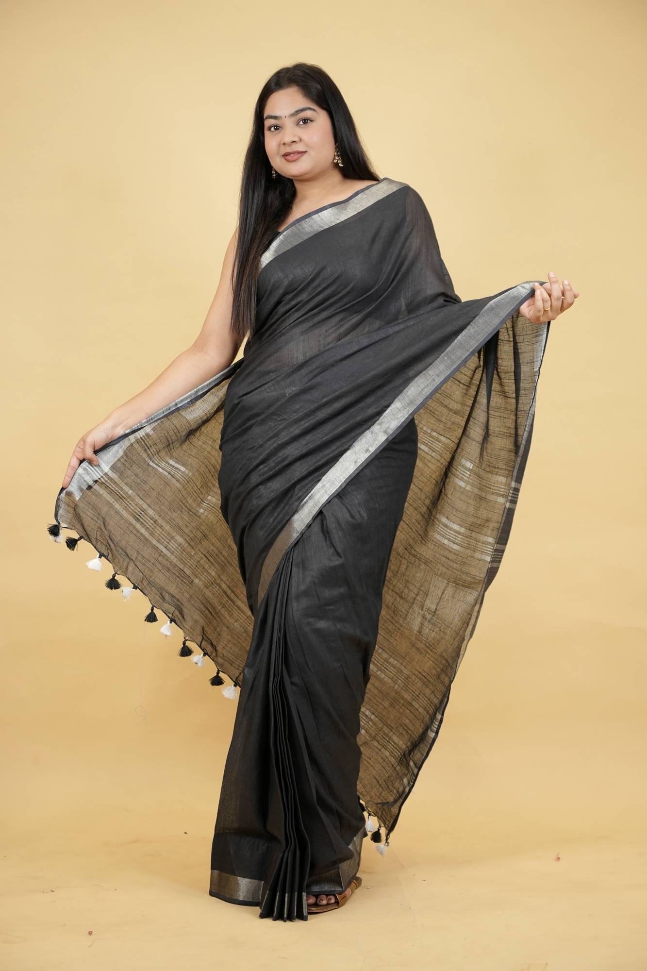 Gorgeous Black Linen Cotton Ready To Wear Saree