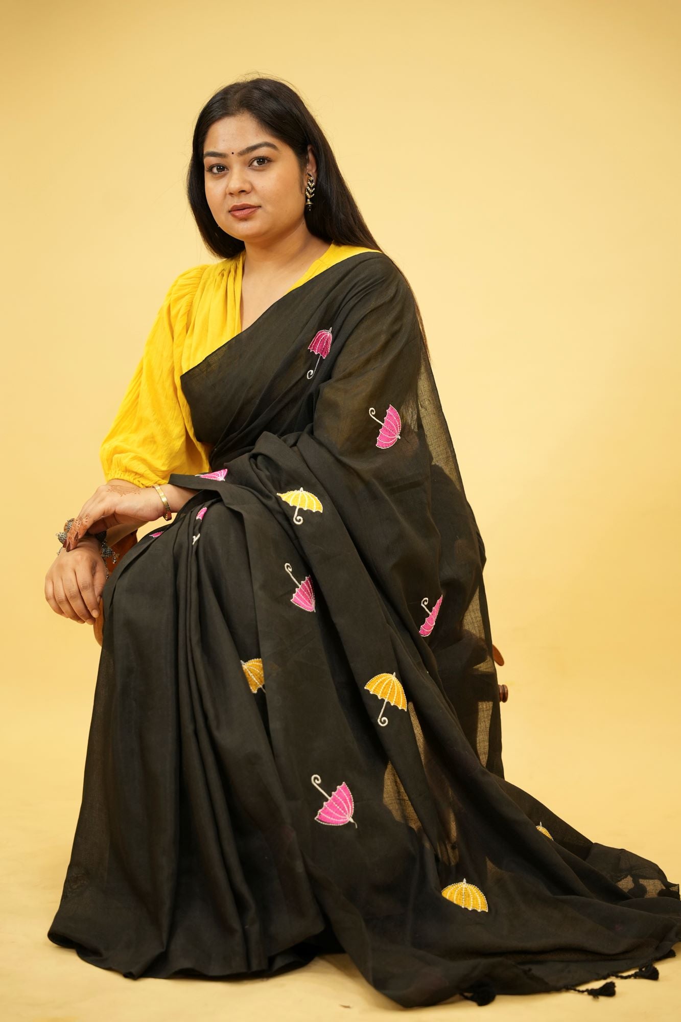 Black Cotton with Colorful Umbrella Embroidery and Tassel Ready To Wear Saree