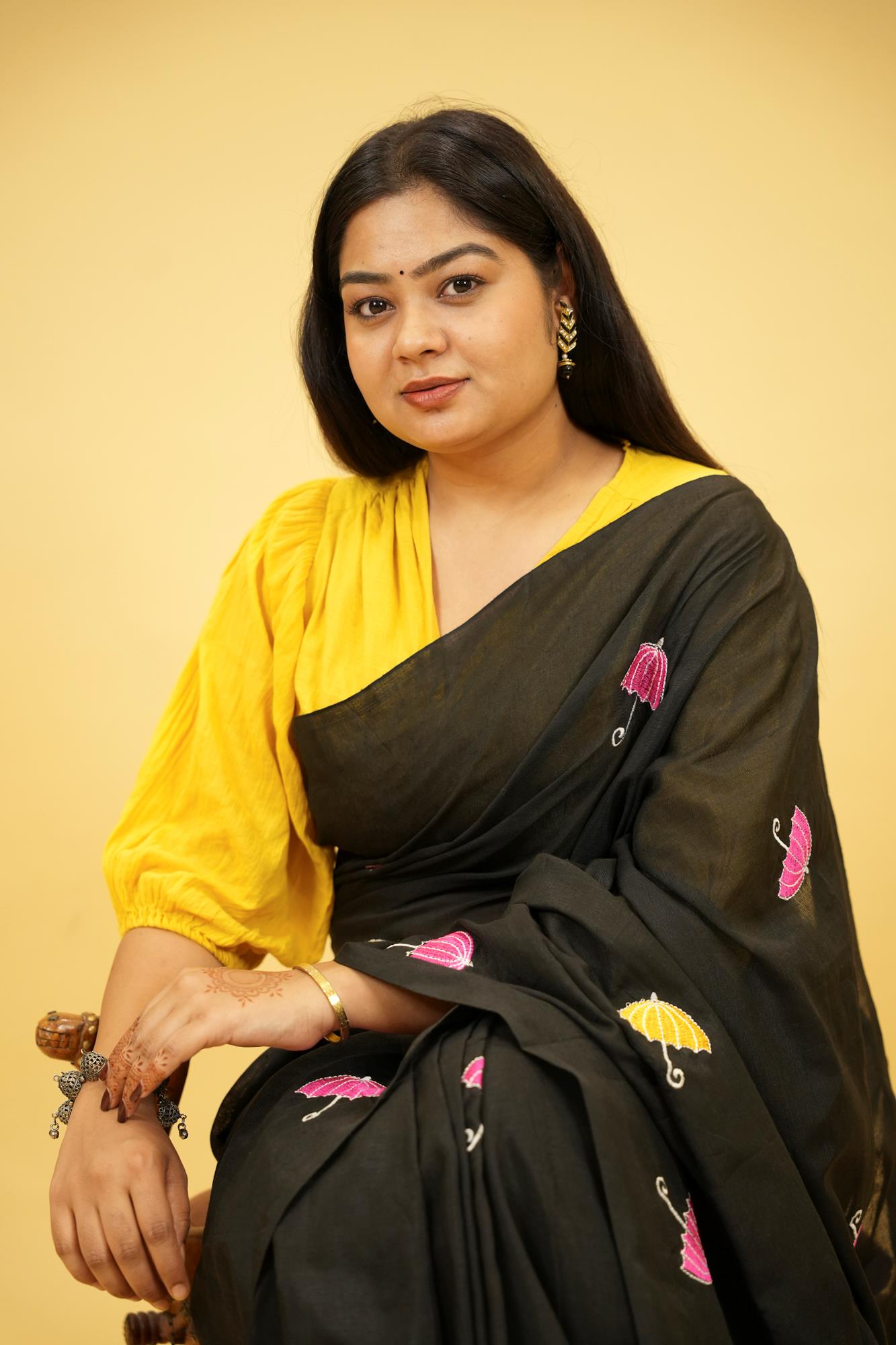 Black Cotton with Colorful Umbrella Embroidery and Tassel Ready To Wear Saree