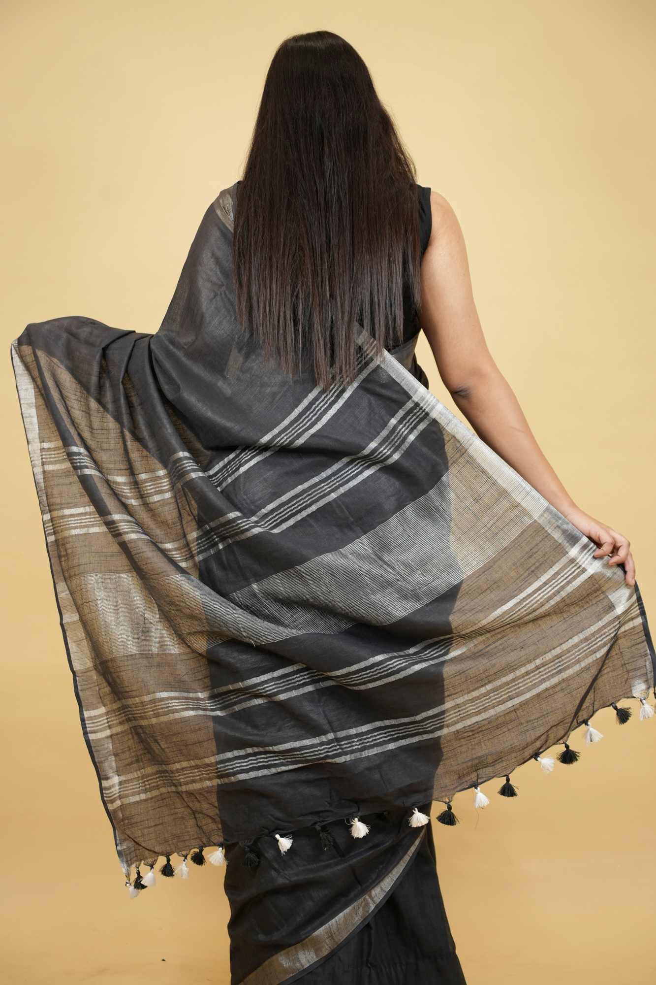 Gorgeous Black Linen Cotton Ready To Wear Saree