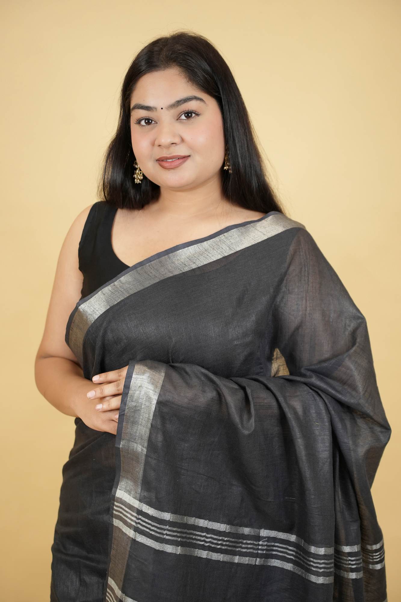 Gorgeous Black Linen Cotton Ready To Wear Saree
