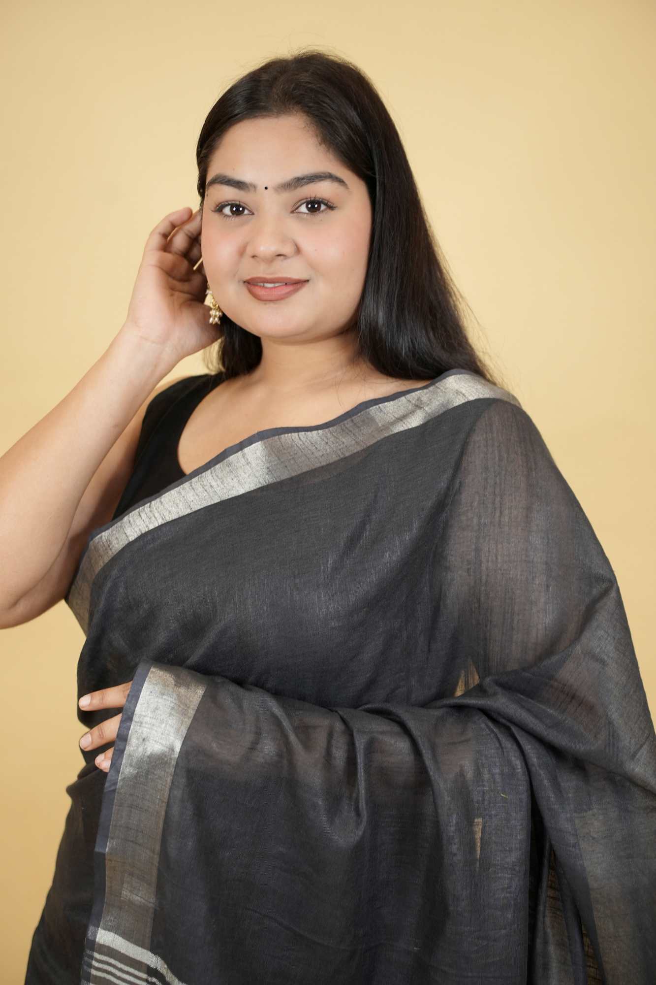 Gorgeous Black Linen Cotton Ready To Wear Saree