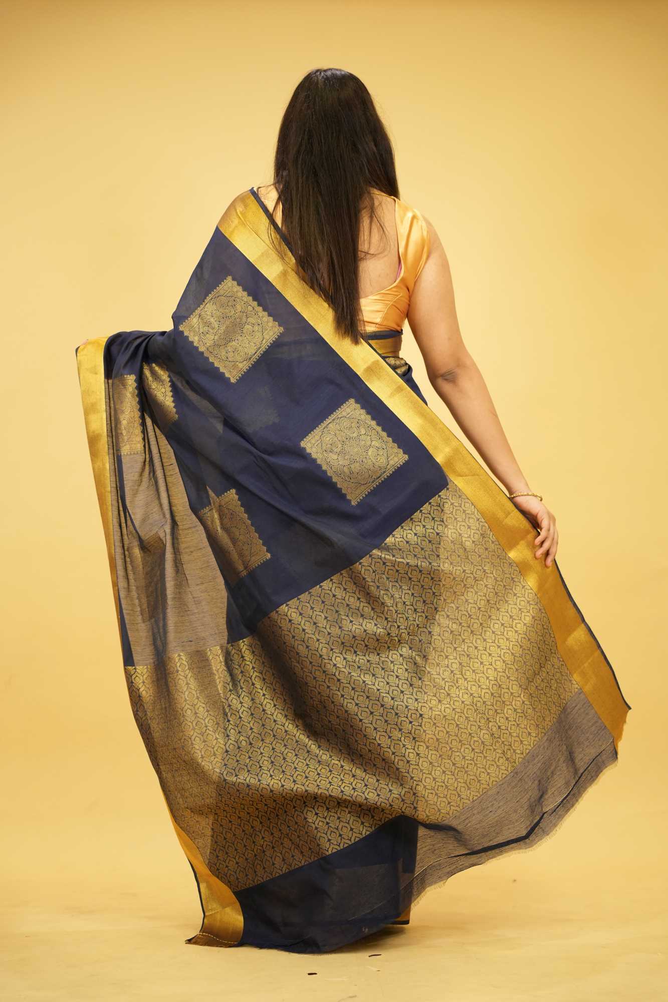Navy Blue Silk with Golden Woven Buta and Contrast Zari Border Ready To Wear Saree