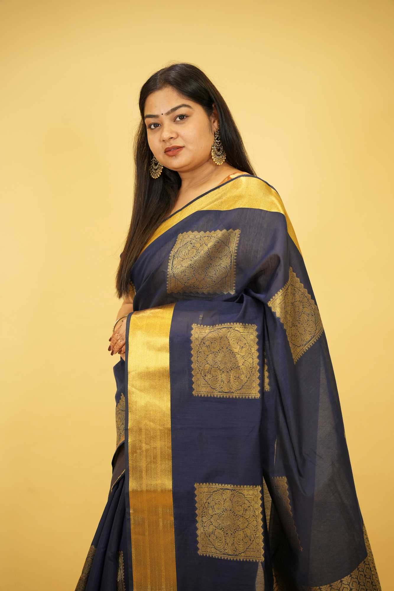 Navy Blue Silk with Golden Woven Buta and Contrast Zari Border Ready To Wear Saree