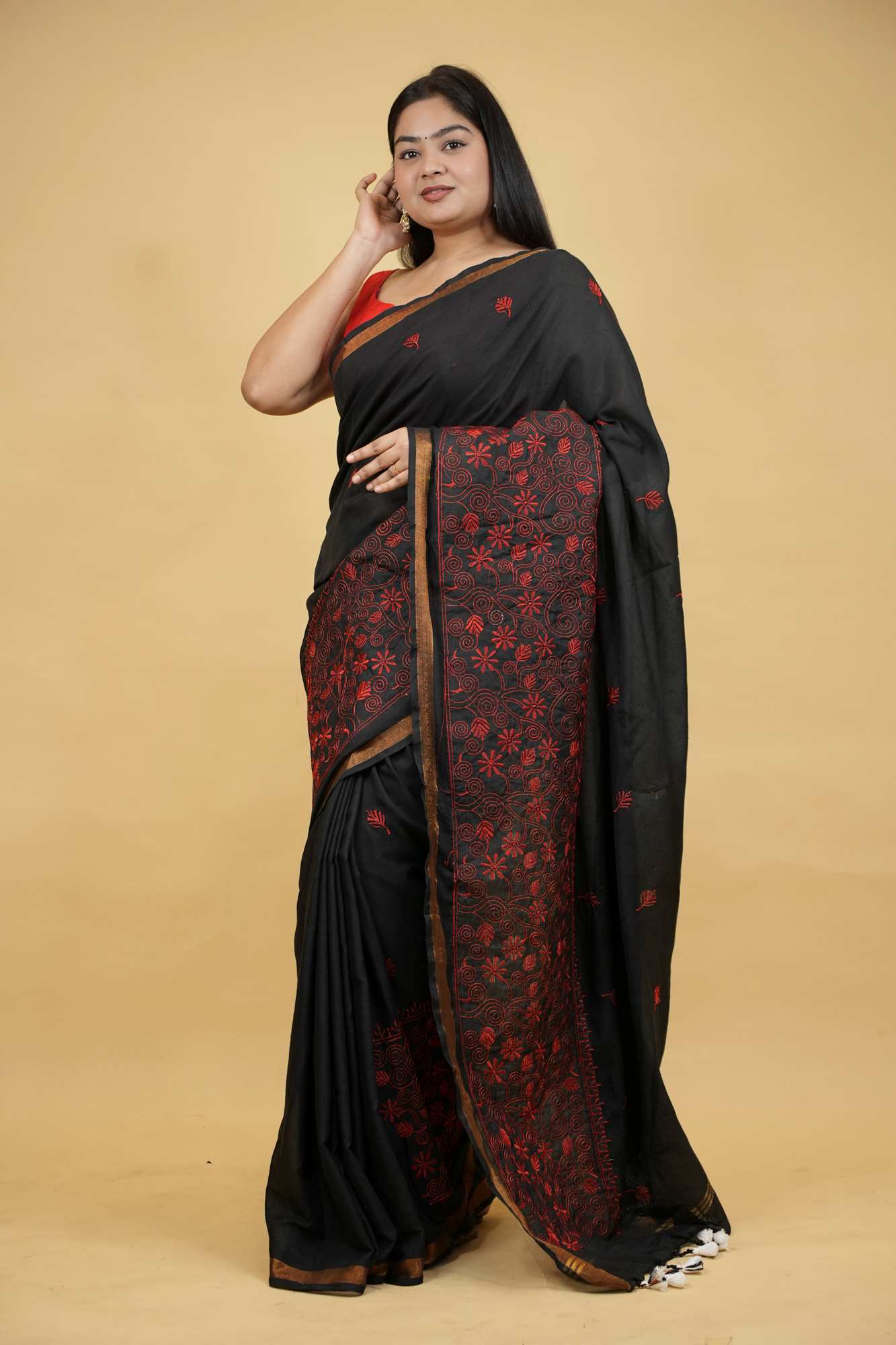 Lightweight Cotton Linen Silk Prestitched Saree with Intricate Red Kantha — Slip, Zip & Shine