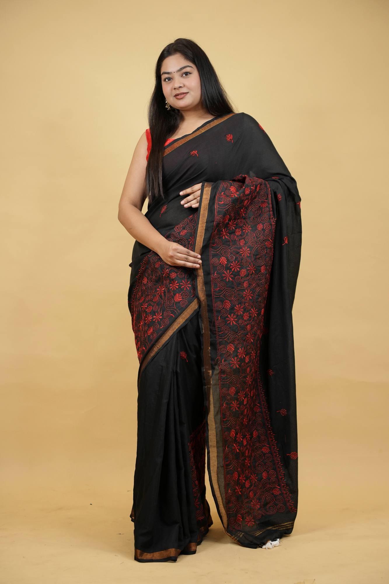 Lightweight Cotton Linen Silk Prestitched Saree with Intricate Red Kantha — Slip, Zip & Shine