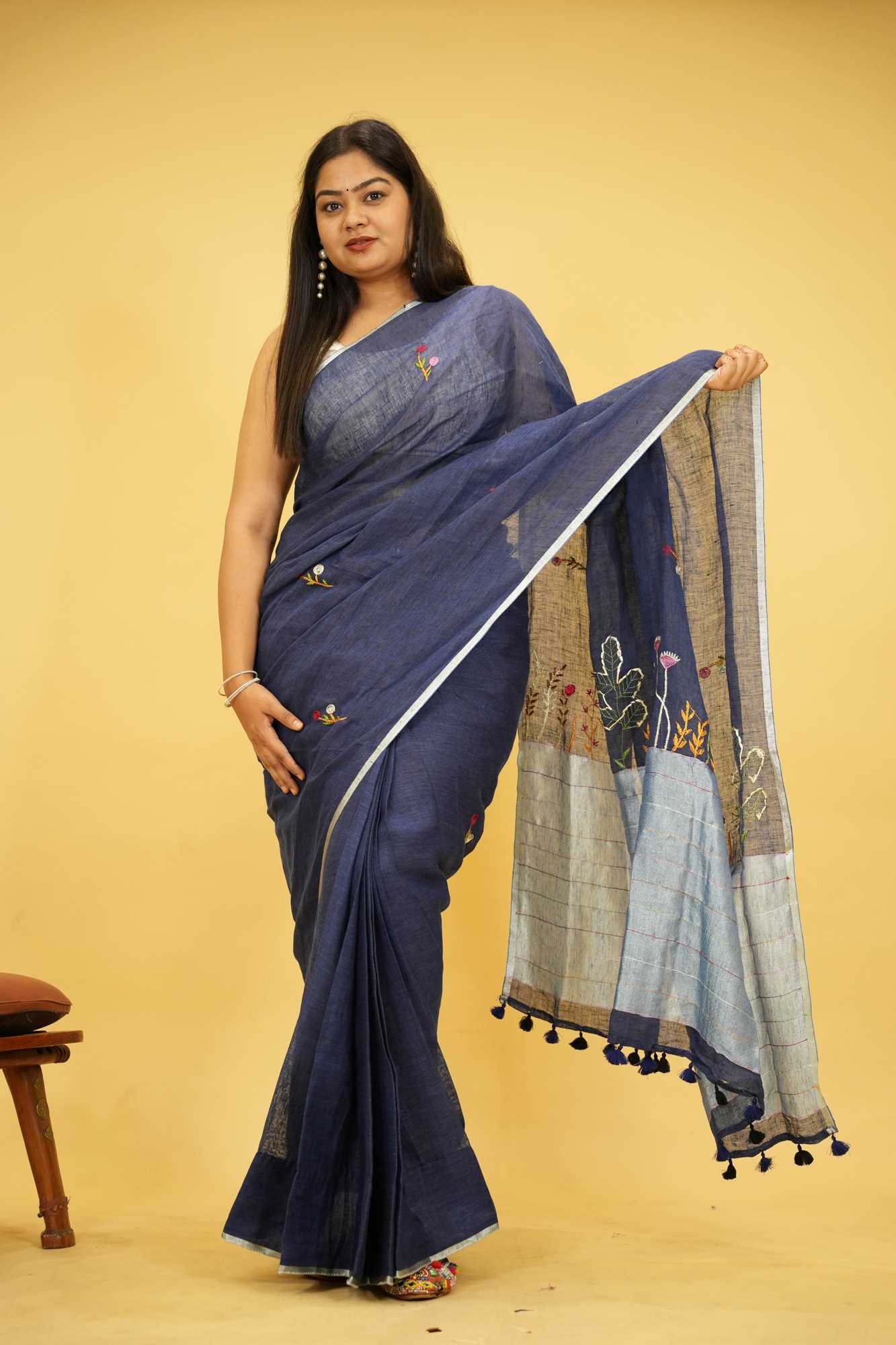 Elegant Ready to Wear Linen Silk readymade Saree with Hand Woven & Floral Embroidery Work