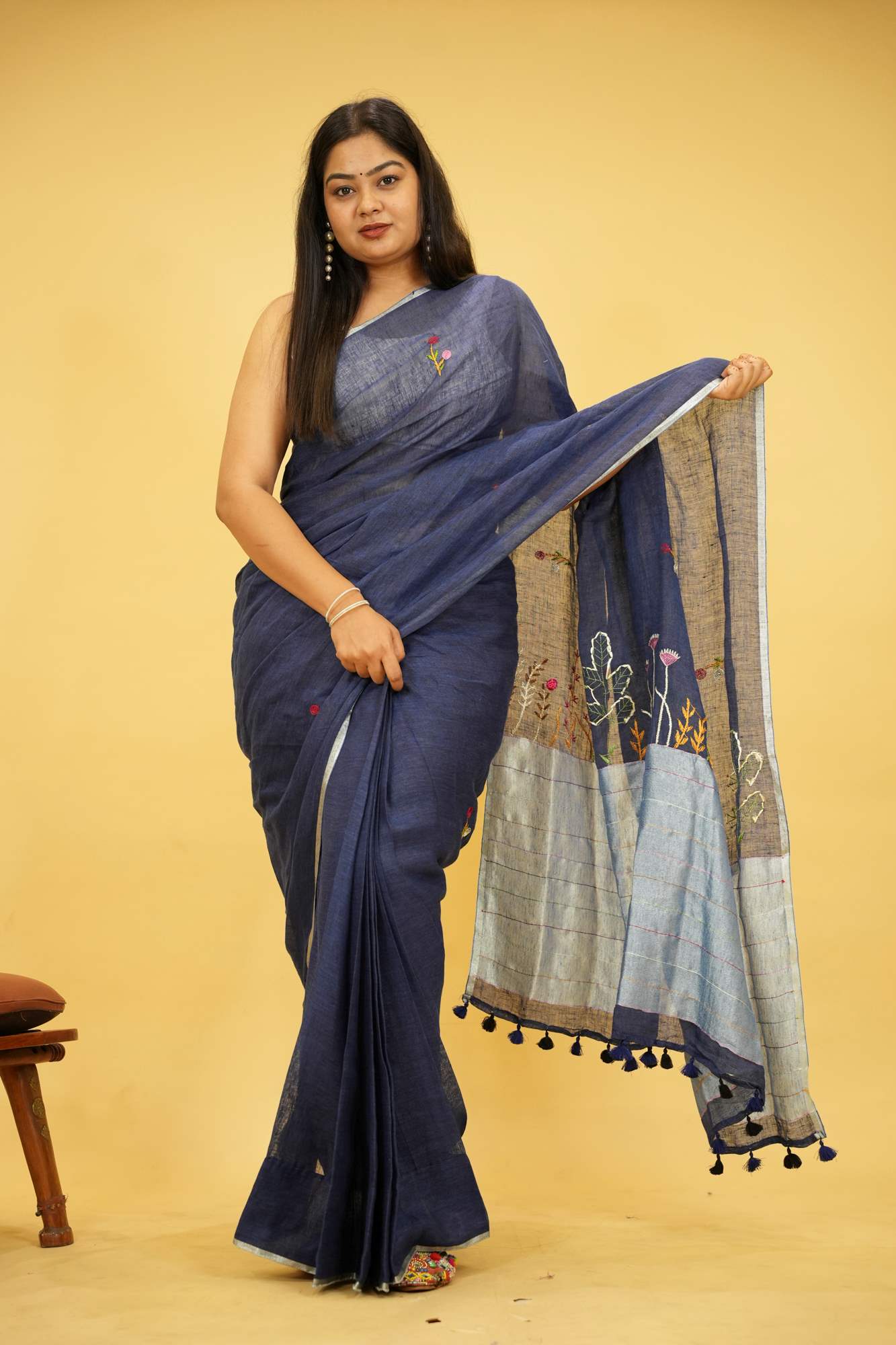 Elegant Ready to Wear Linen Silk readymade Saree with Hand Woven & Floral Embroidery Work