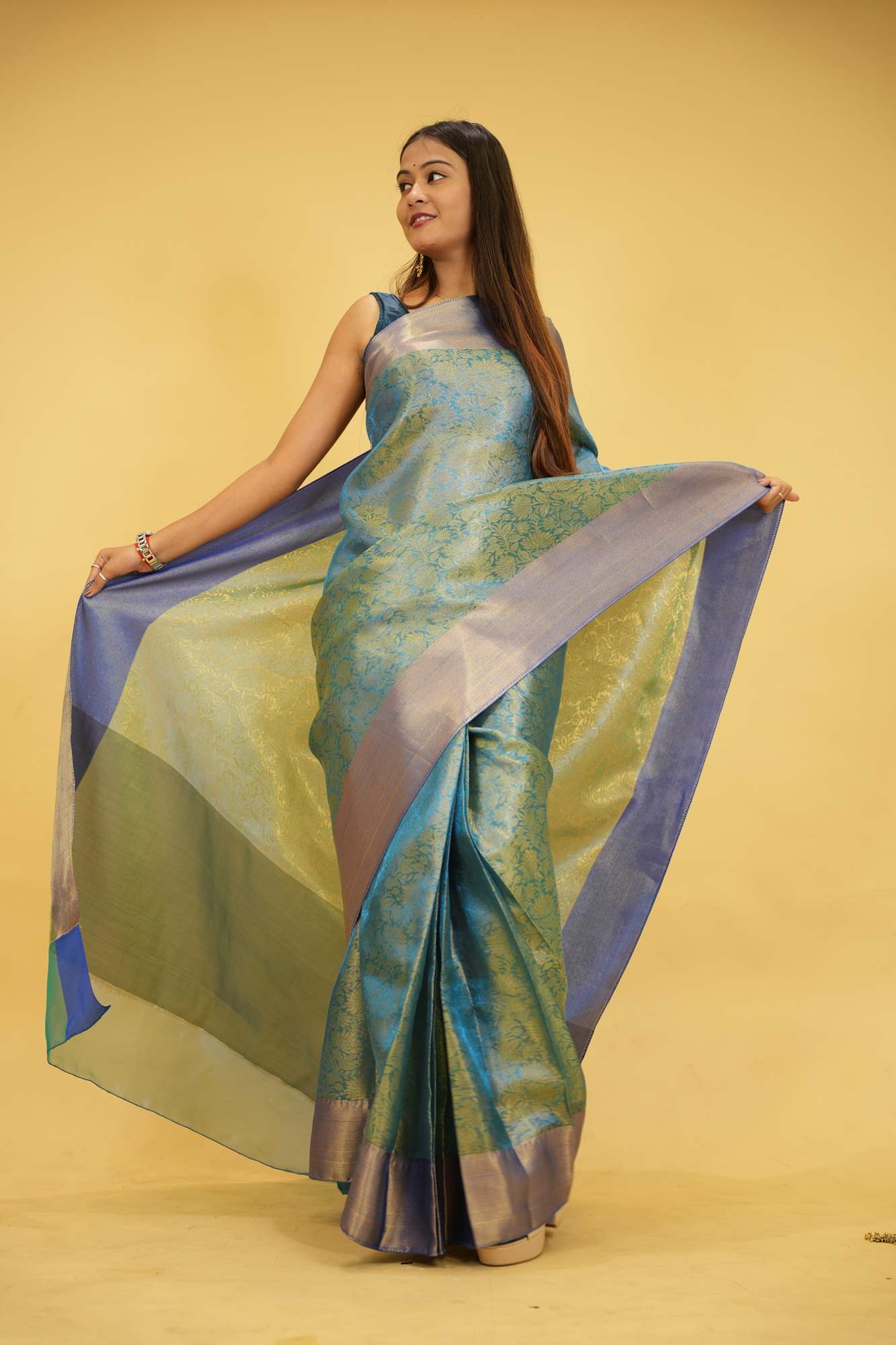 Tissue Silk with Gold Zari Floral Motifs & jacquards pallu Ready To Wear Saree