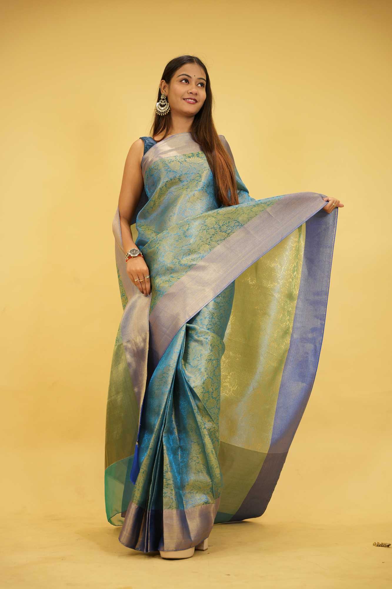 Tissue Silk with Gold Zari Floral Motifs & jacquards pallu Ready To Wear Saree