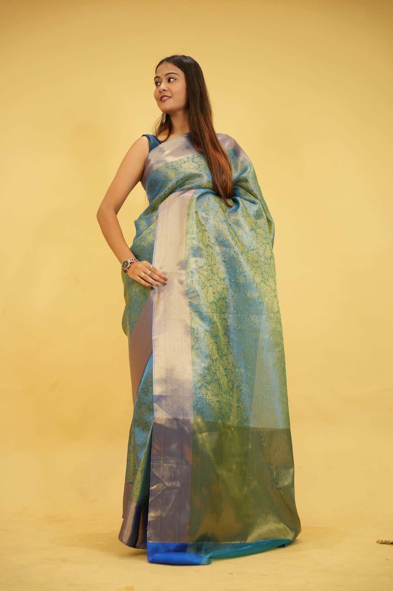 Tissue Silk with Gold Zari Floral Motifs & jacquards pallu Ready To Wear Saree