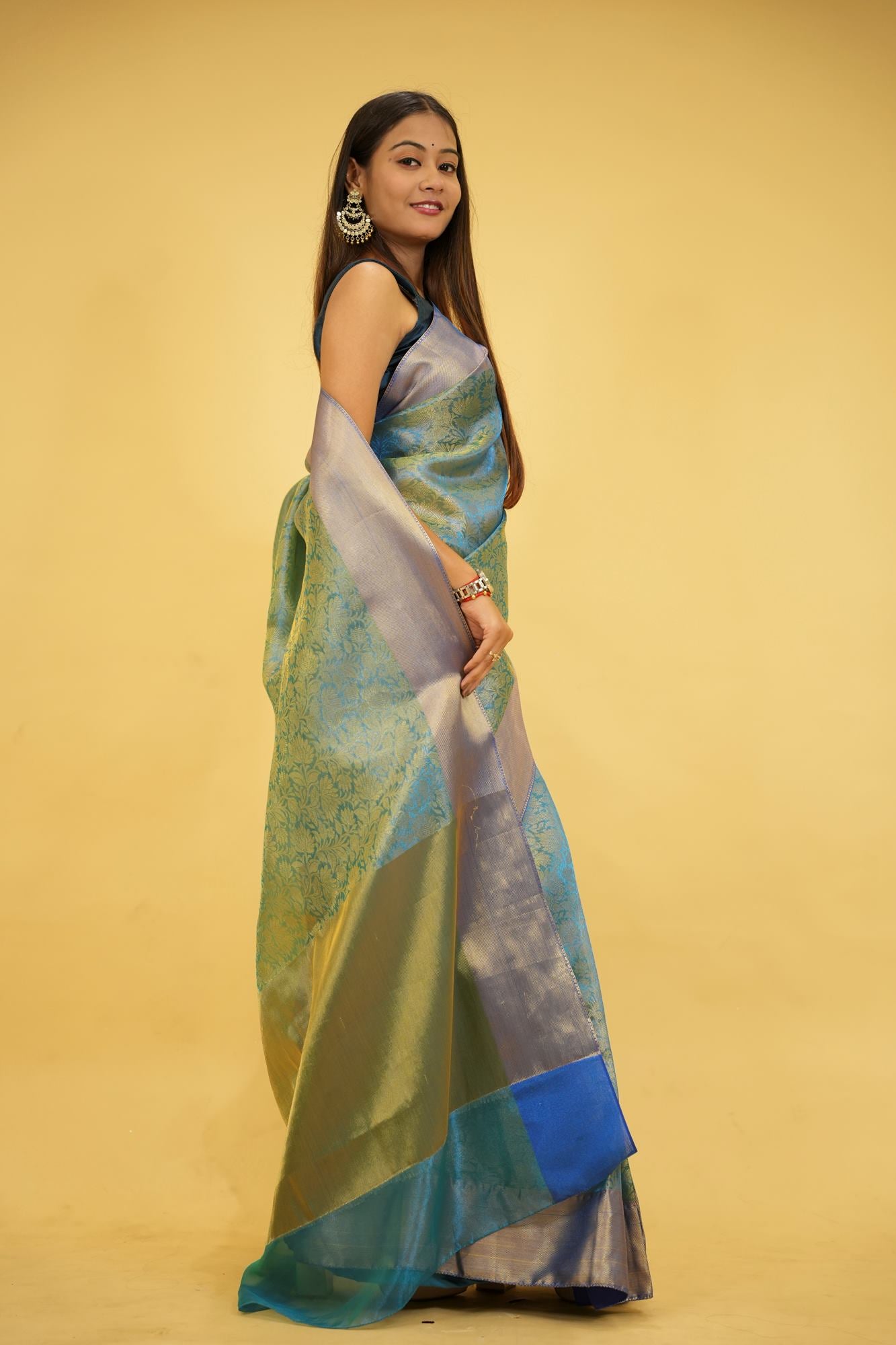 Tissue Silk with Gold Zari Floral Motifs & jacquards pallu Ready To Wear Saree