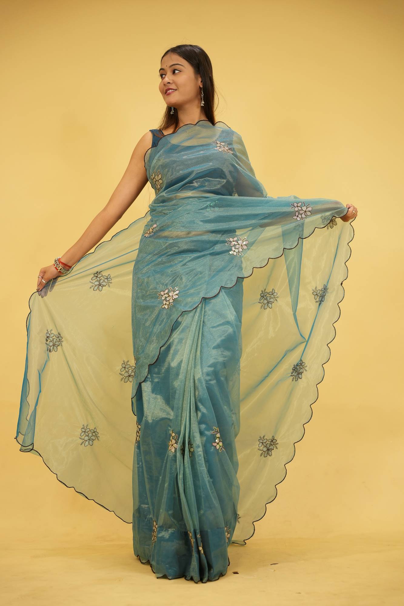 Sky Blue Jimi chu chiffon silk with Floral Embroidery Ready To Wear Saree