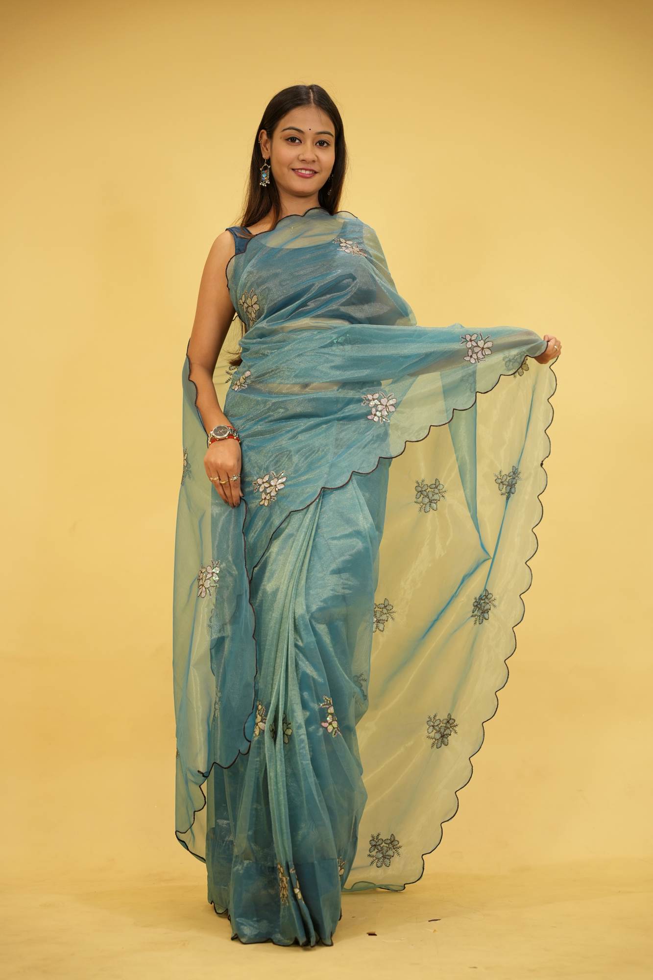 Sky Blue Jimi chu chiffon silk with Floral Embroidery Ready To Wear Saree