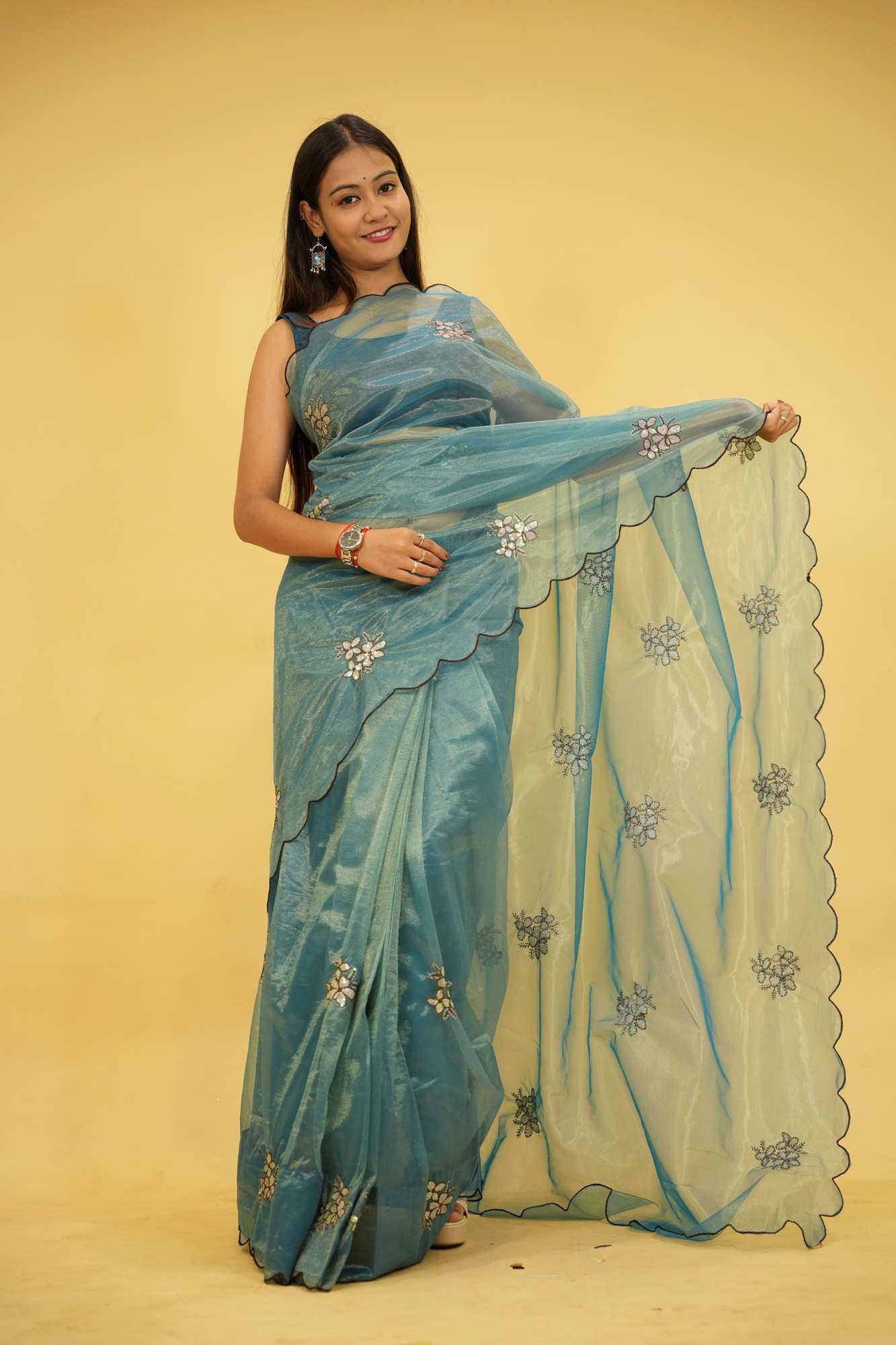 Sky Blue Jimi chu chiffon silk with Floral Embroidery Ready To Wear Saree