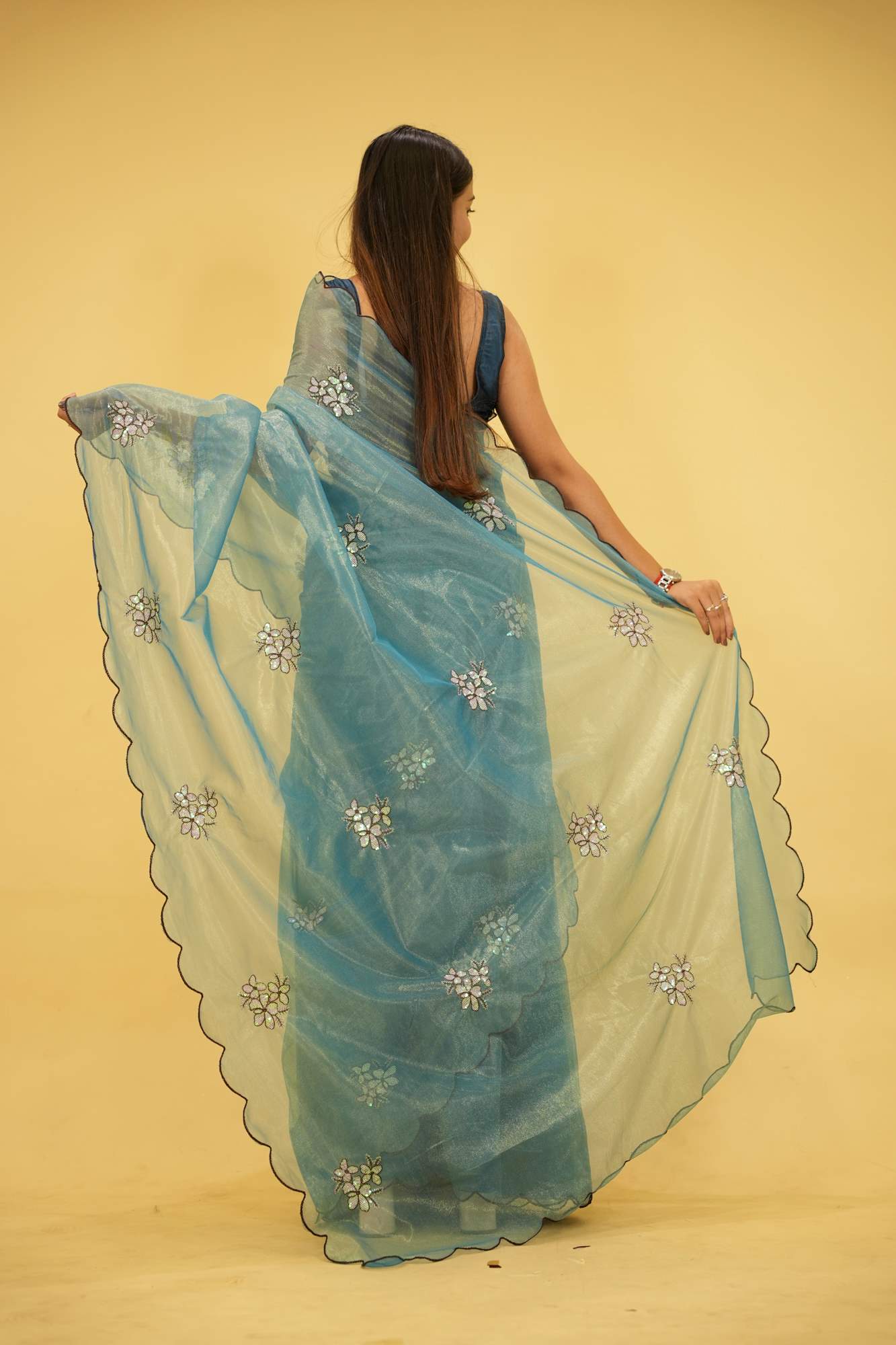 Sky Blue Jimi chu chiffon silk with Floral Embroidery Ready To Wear Saree