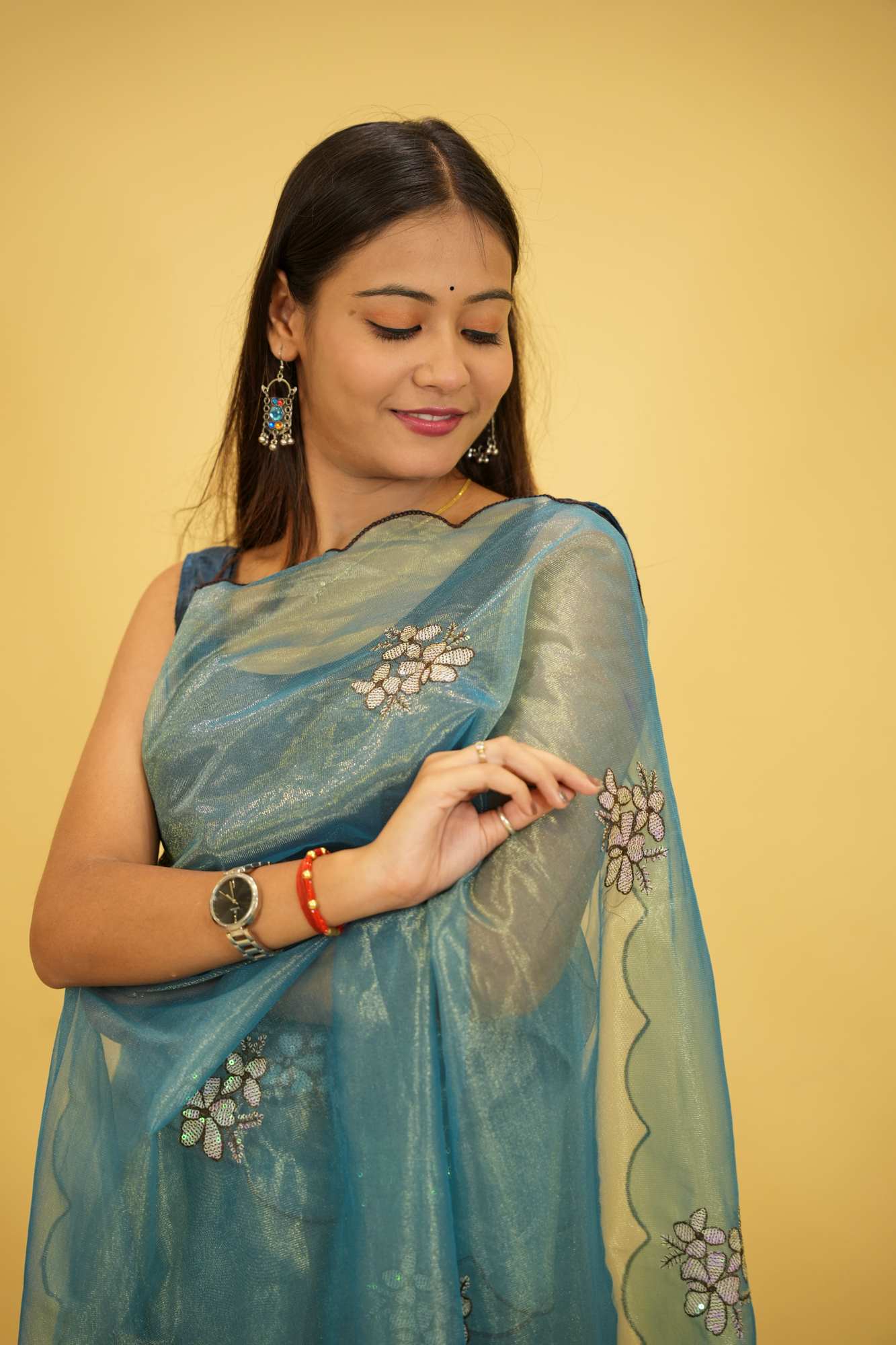 Sky Blue Jimi chu chiffon silk with Floral Embroidery Ready To Wear Saree