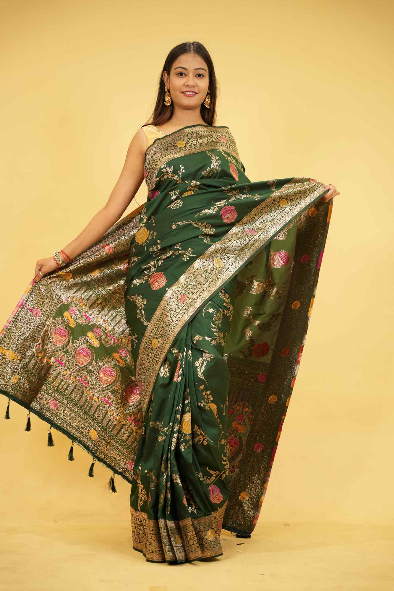 Soft Silk Banarasi Meenakari weave with Beautiful Tassels on Pallu Ready to wear Saree