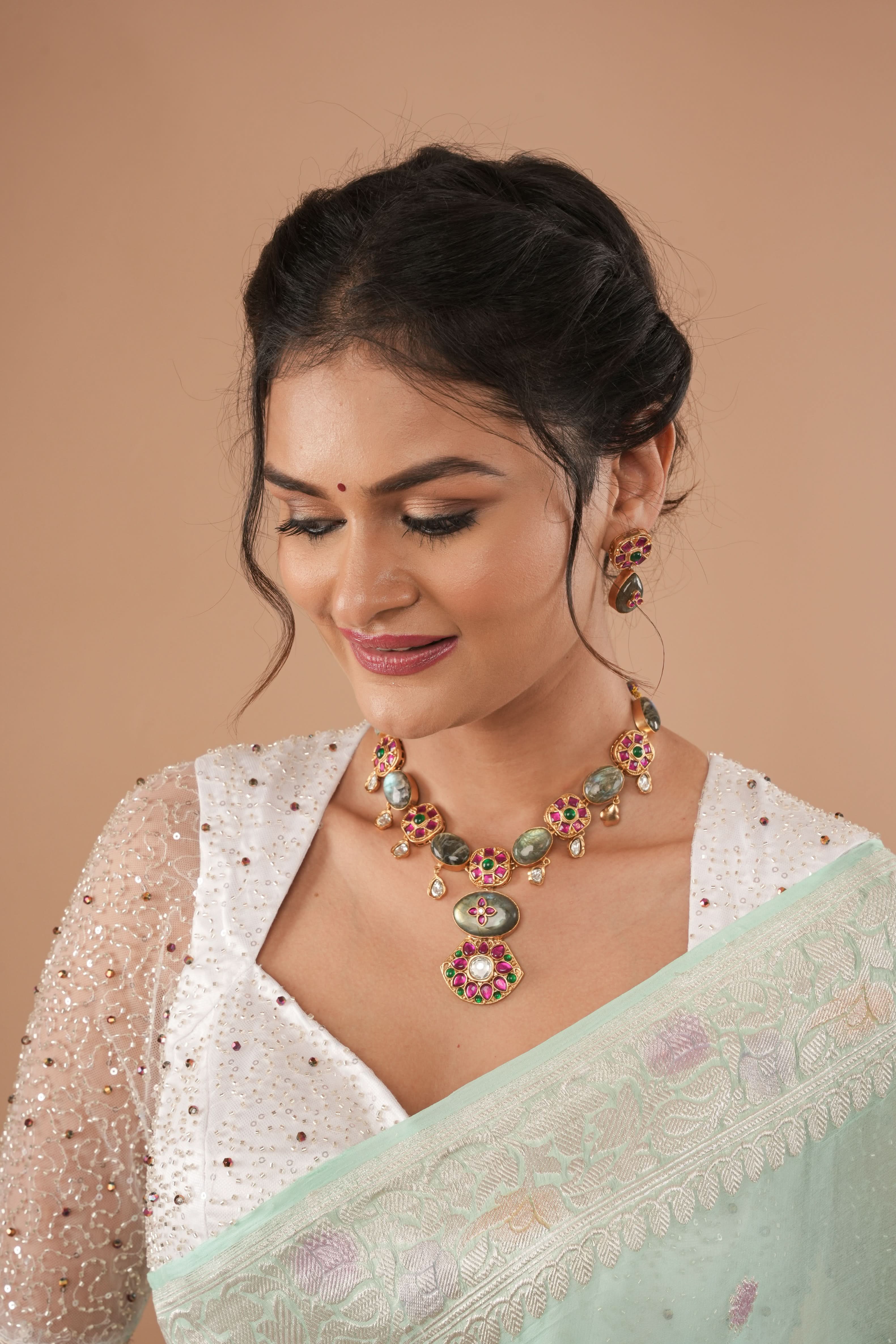 White Blouse with Beaded Detailing and Sheer Sleeves, Customizable, Made to Order | Shobitam