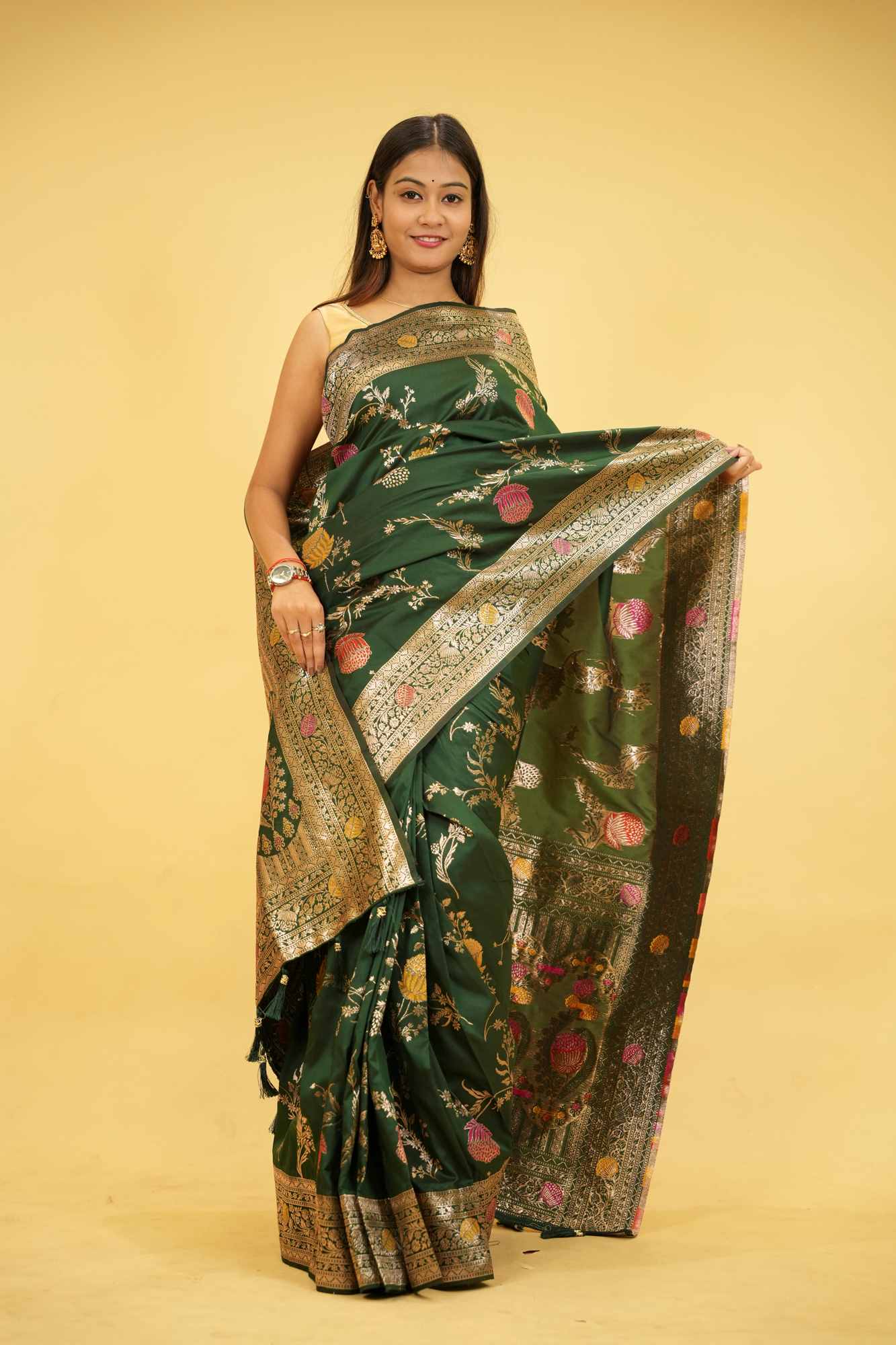 Soft Silk Banarasi Meenakari weave with Beautiful Tassels on Pallu Ready to wear Saree