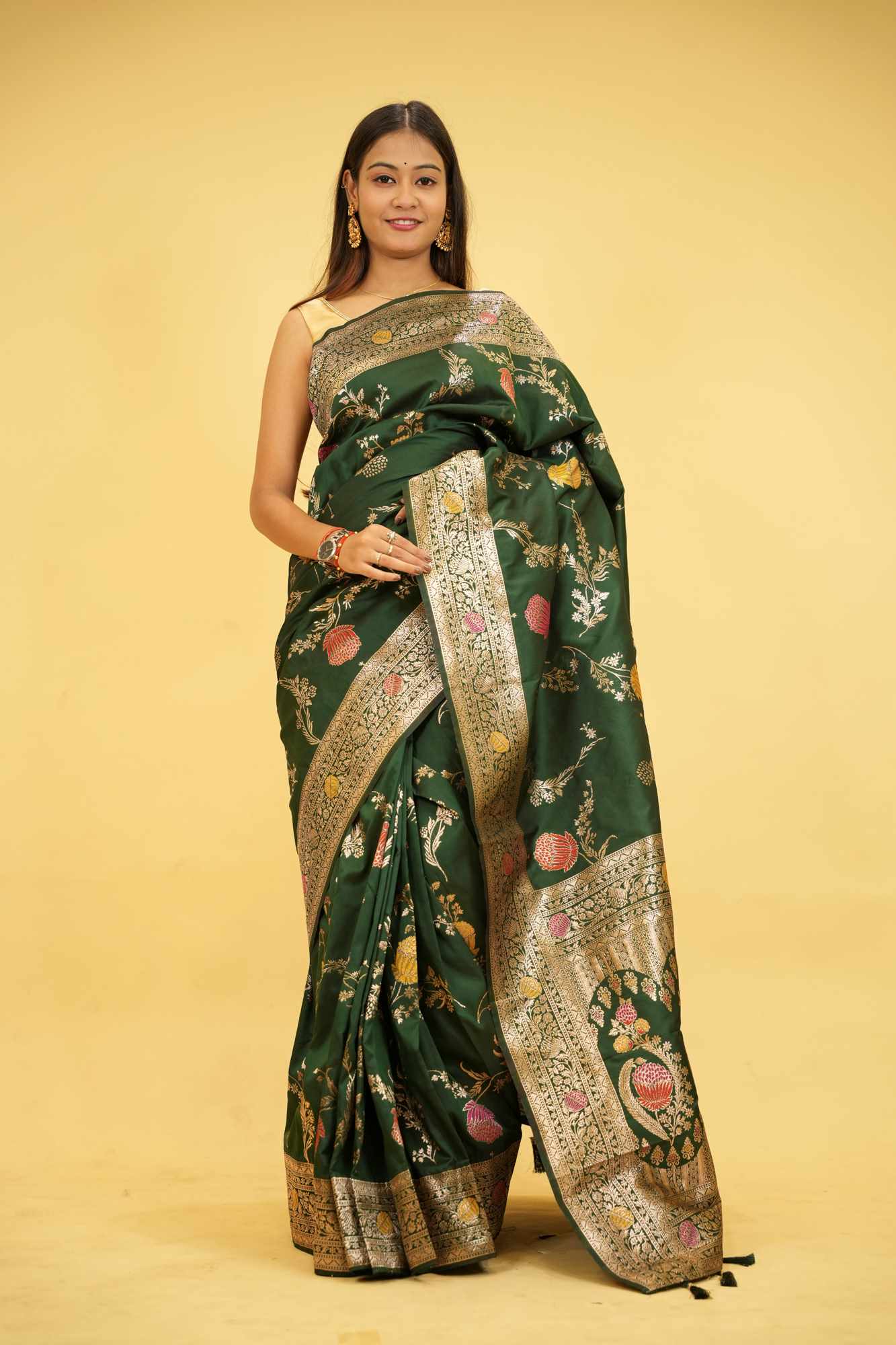 Soft Silk Banarasi Meenakari weave with Beautiful Tassels on Pallu Ready to wear Saree