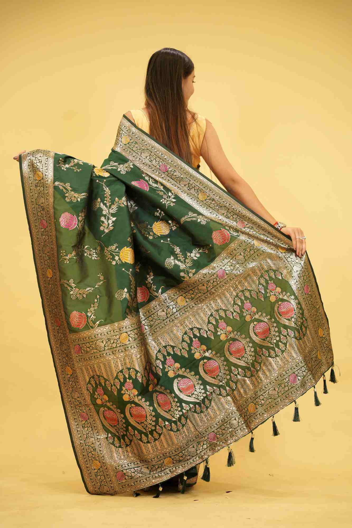 Soft Silk Banarasi Meenakari weave with Beautiful Tassels on Pallu Ready to wear Saree