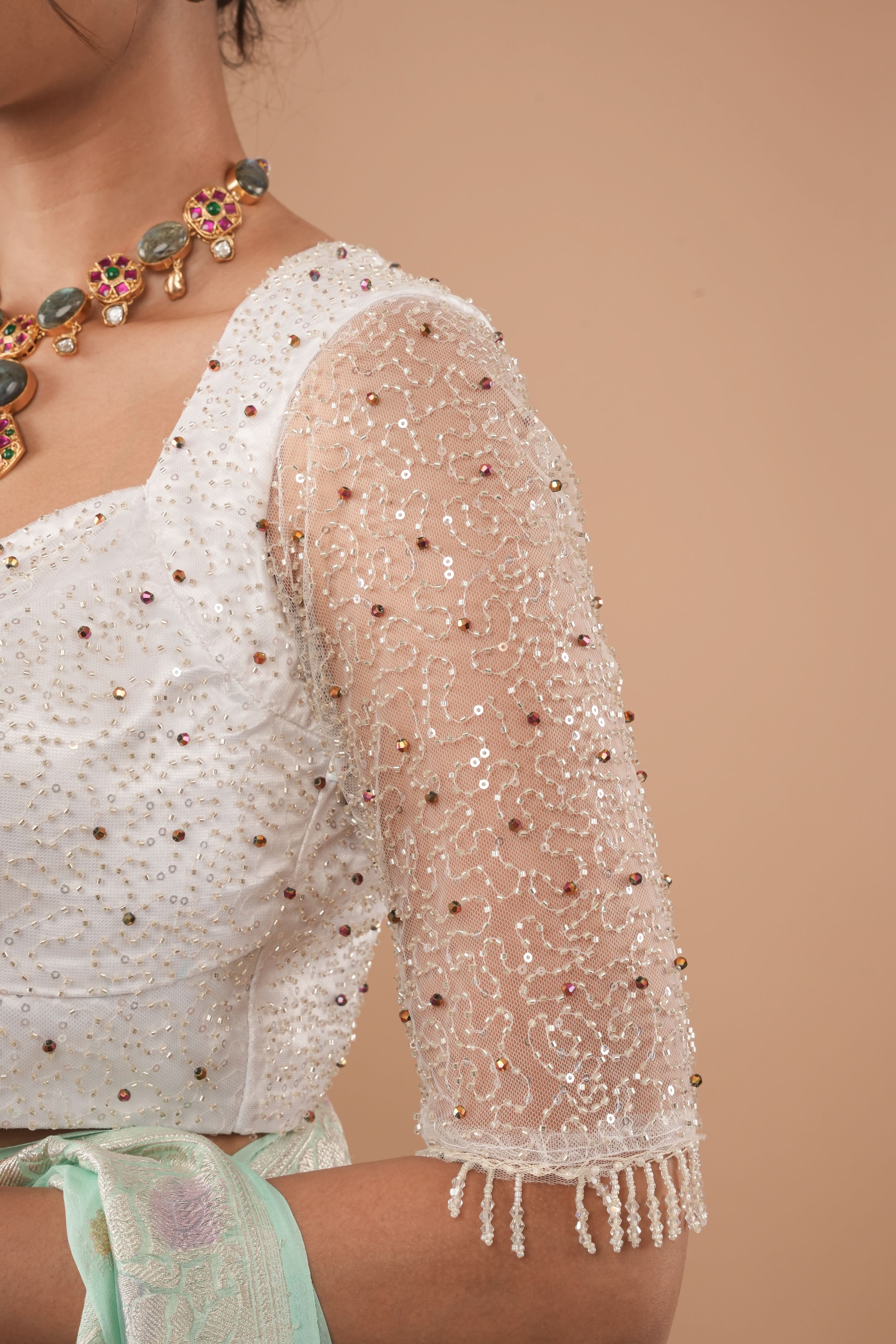 White Blouse with Beaded Detailing and Sheer Sleeves, Customizable, Made to Order | Shobitam