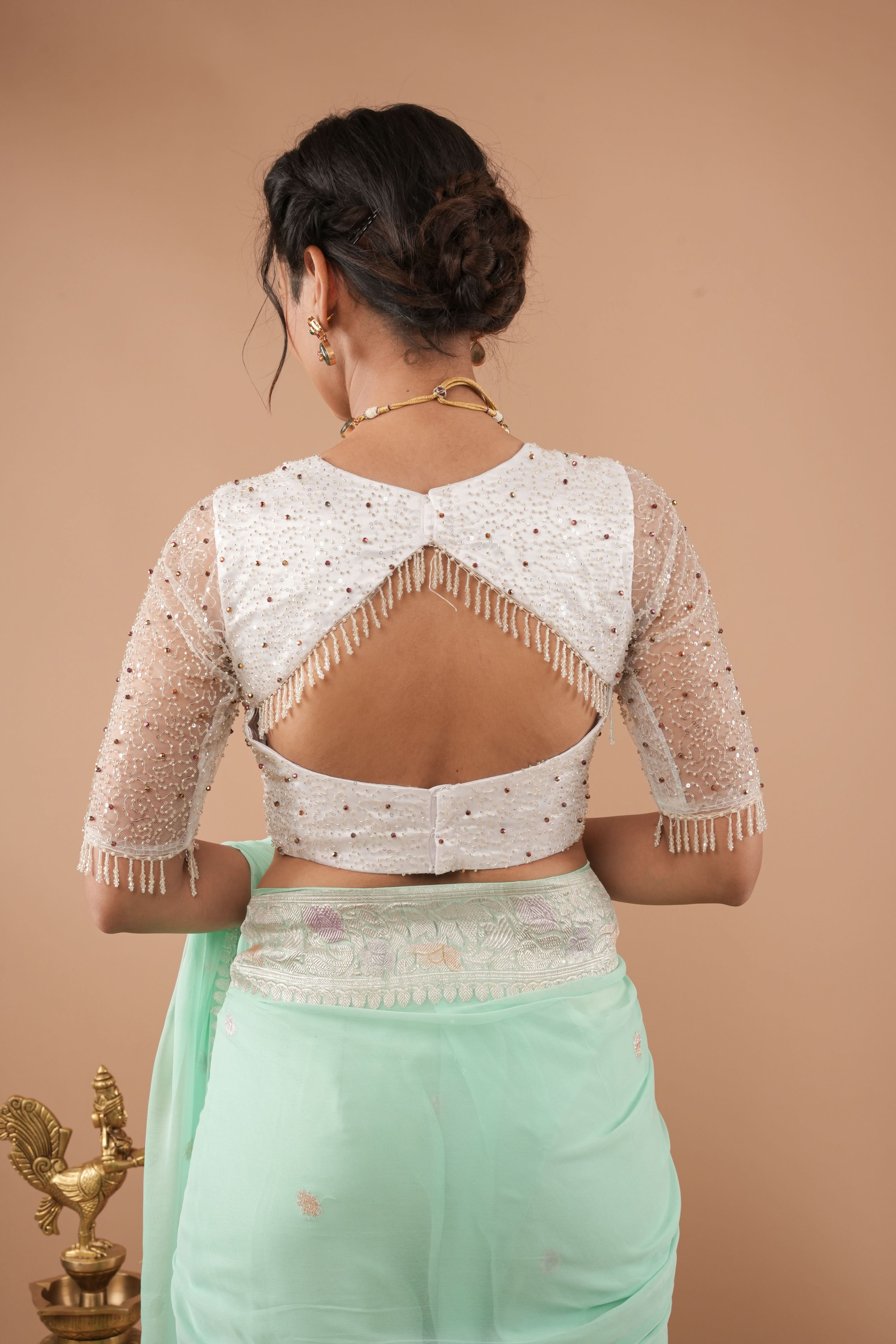 White Blouse with Beaded Detailing and Sheer Sleeves, Customizable, Made to Order | Shobitam
