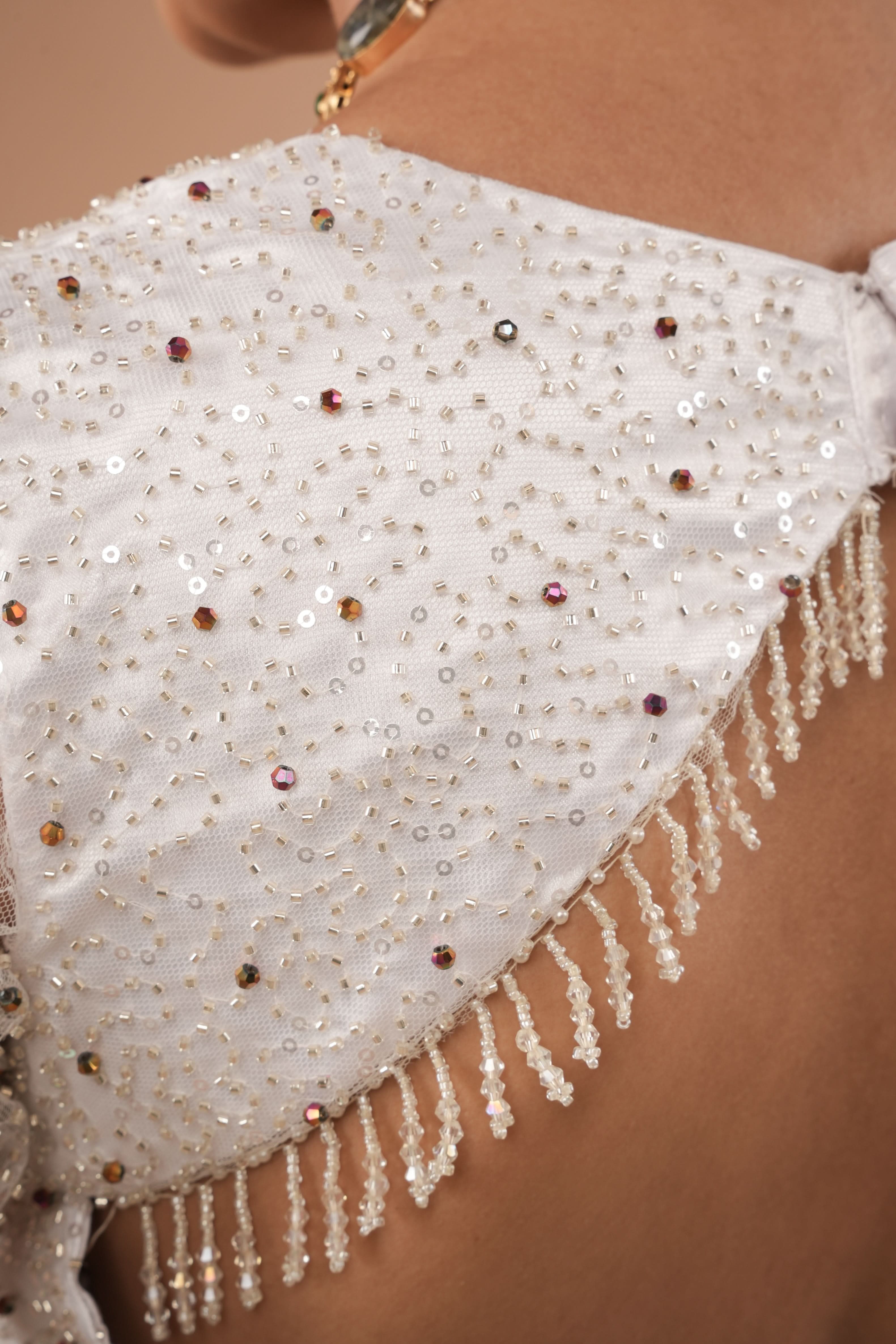 White Blouse with Beaded Detailing and Sheer Sleeves, Customizable, Made to Order | Shobitam