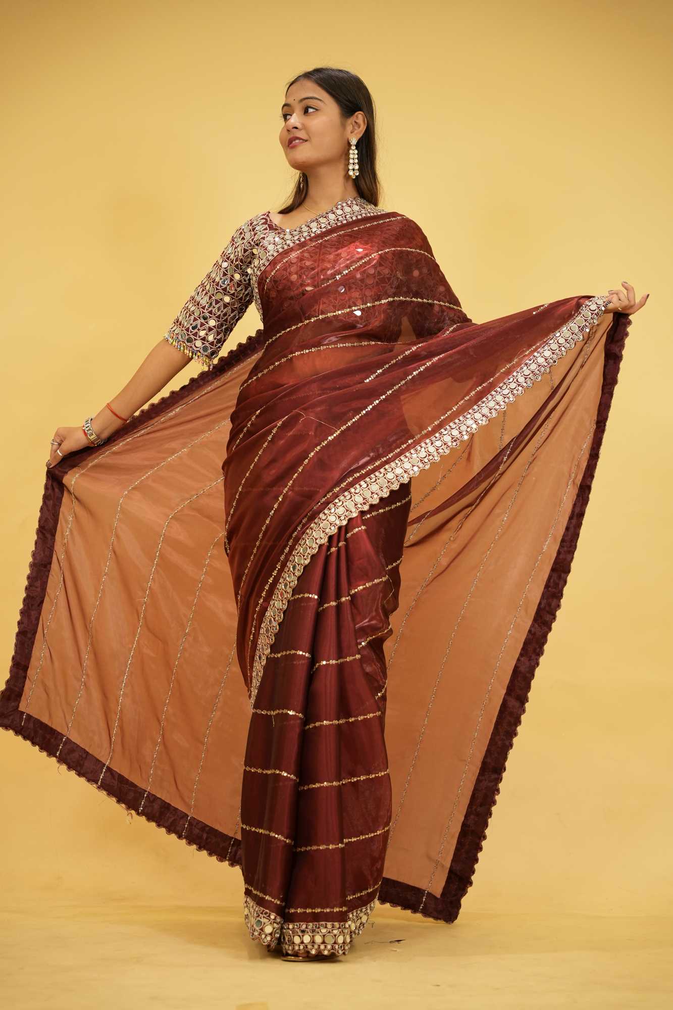 Wine Organza Mirror Work with Embroidered Ready To Wear Saree