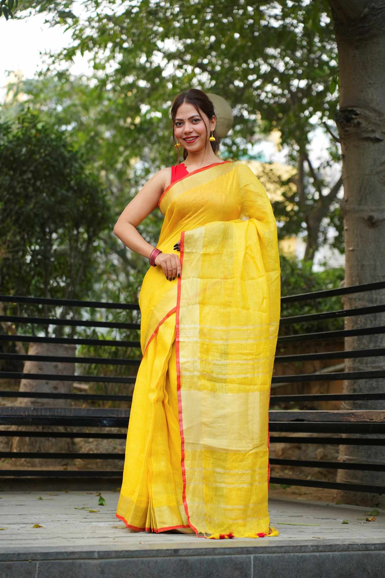 Pure Linen Ready to Wear Saree with striking red border