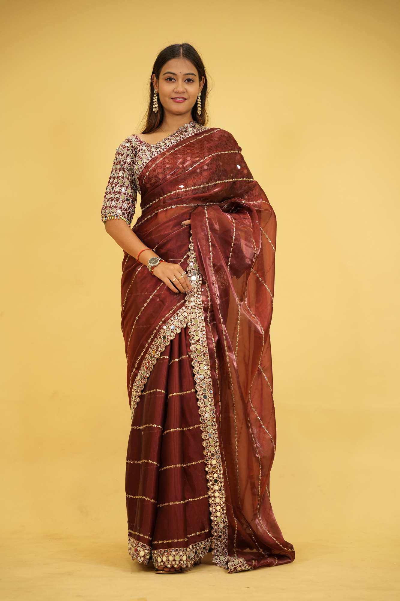 Wine Organza Mirror Work with Embroidered Ready To Wear Saree