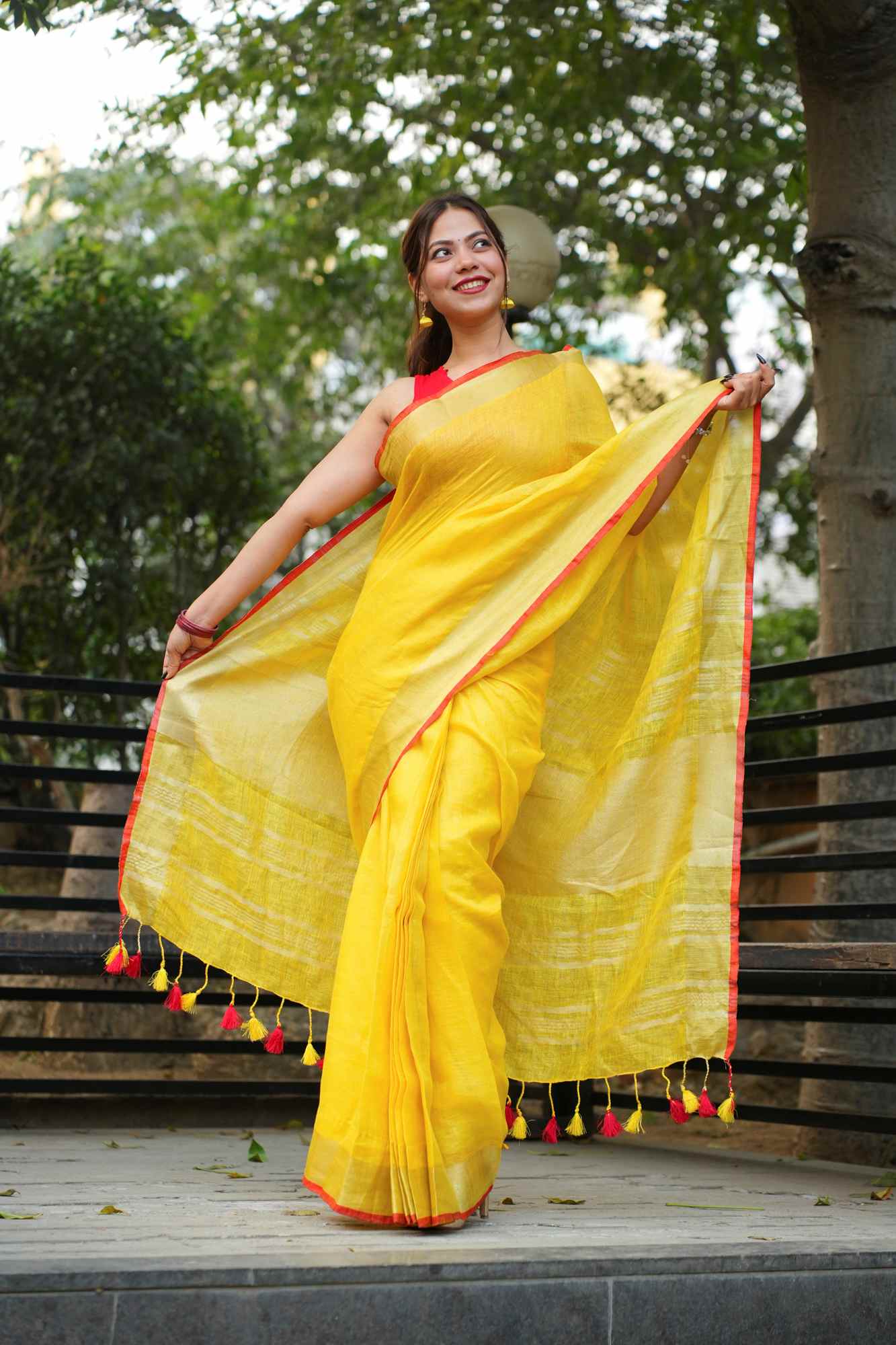 Pure Linen Ready to Wear Saree with striking red border