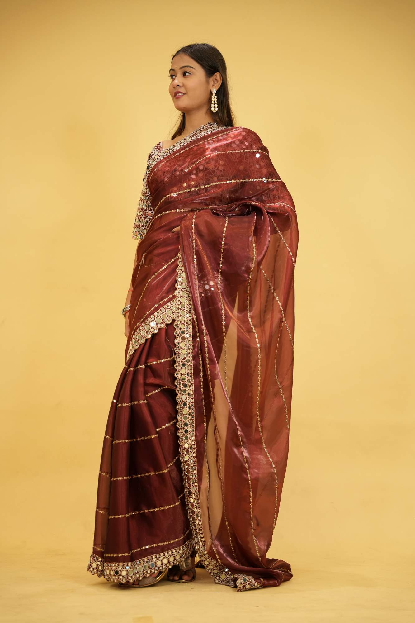 Wine Organza Mirror Work with Embroidered Ready To Wear Saree