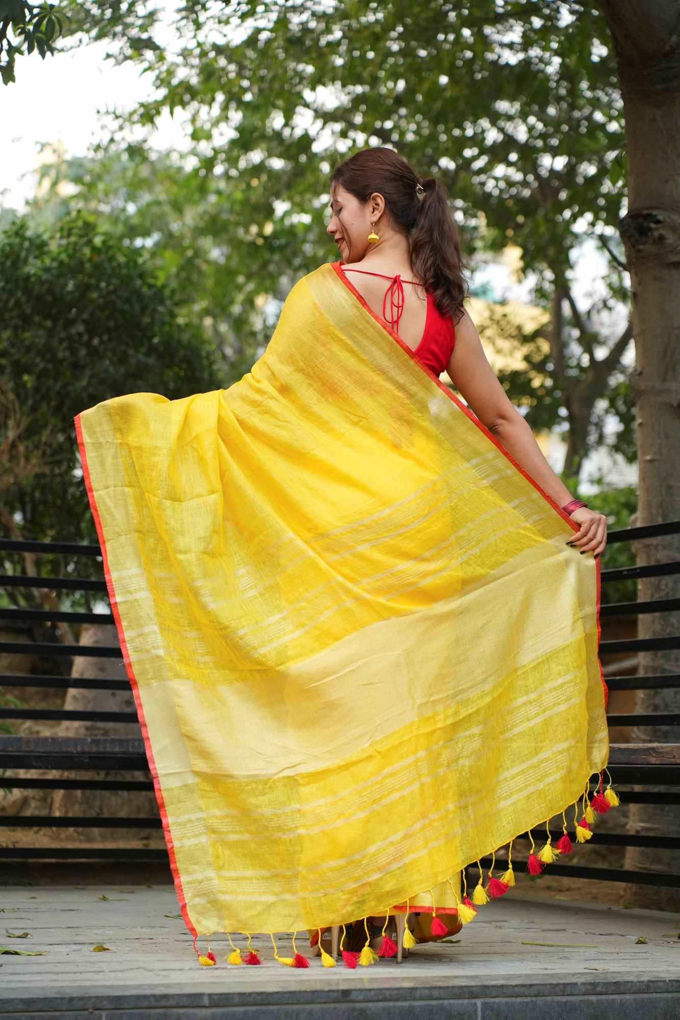 Pure Linen Ready to Wear Saree with striking red border